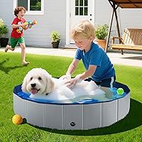 FunBy Foldable Dog Pool 32x8 Inch - Hard Plastic Kiddie Pool for Small Dogs & Toddlers, Portable Collapsible Non-Slip Bath Tub, Grey