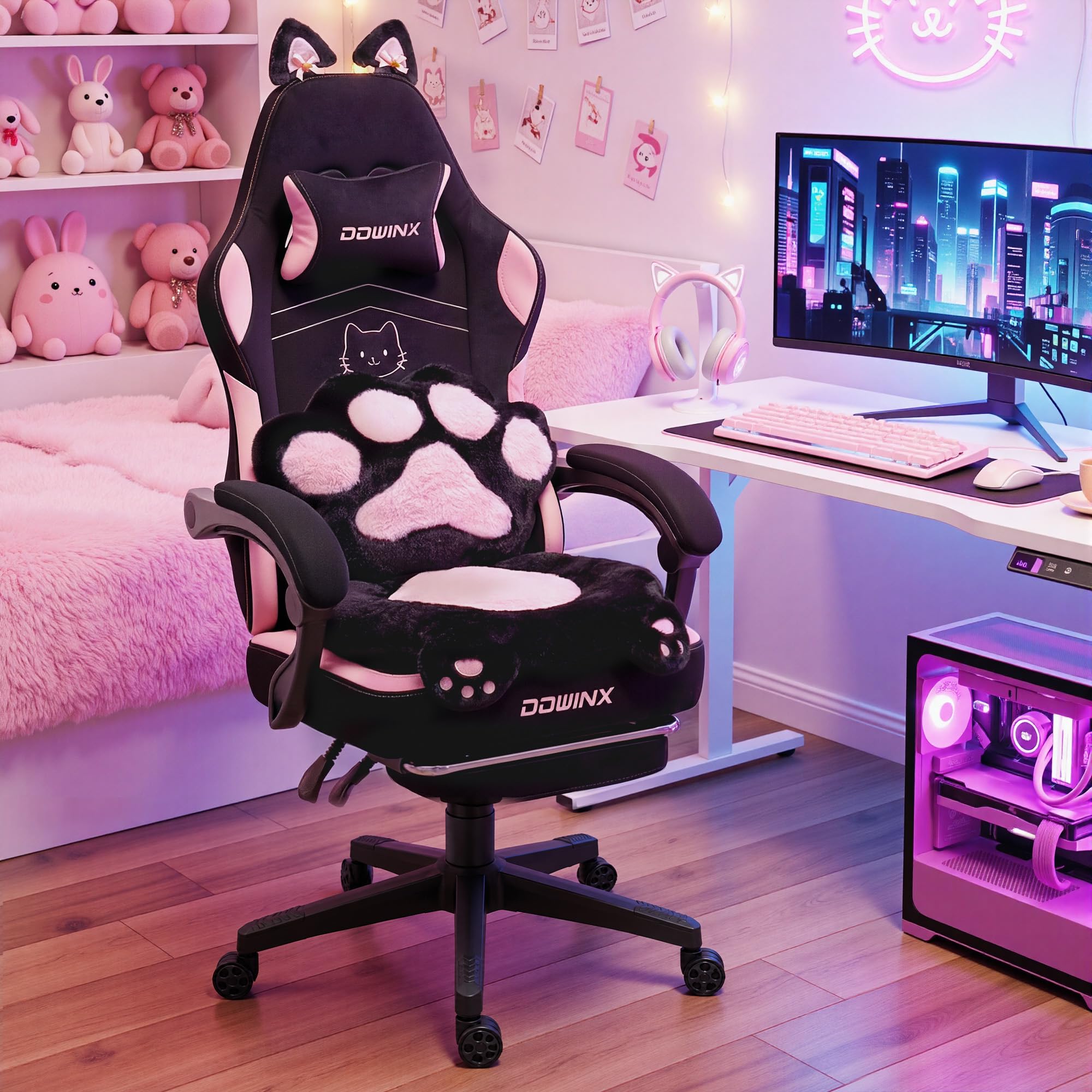 Dowinx Gaming Stuhl Ergonomisch mit Fußstütze, Katzenpfoten Gaming Chair aus Stoff, Flügelloses Sitzdesign, Verstellbarer Gamer Stuhl & PC Stuhl, Gaming Stuhl rosa Katze, für Erwachsene,rosa schwarz