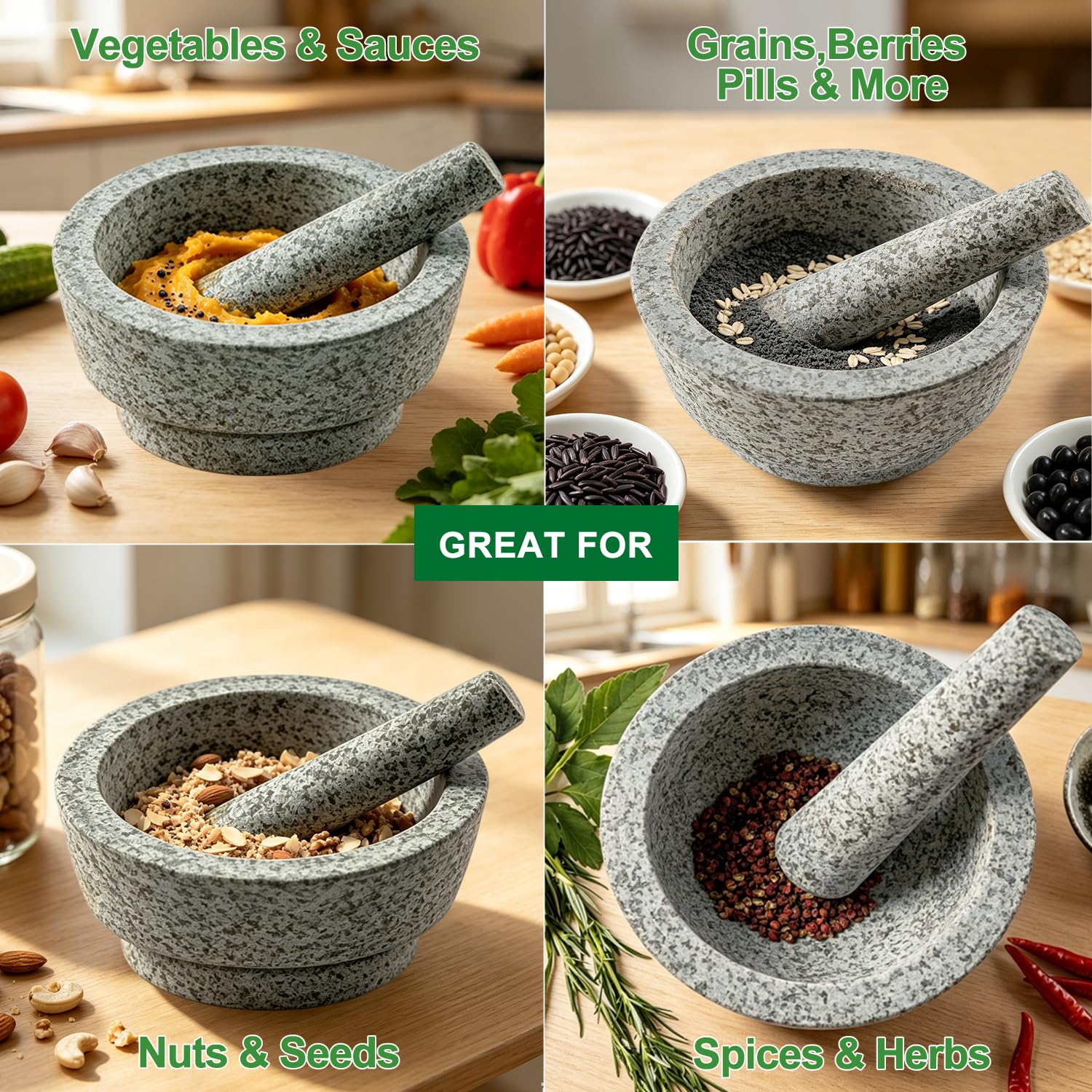 Mortero y pilón – Cuenco de granito sin pulir para moler especias, mortero de salsa de aguacate para el día familiar y mortero de 7.1 pulgadas, 5.5 tazas, molcajete mexicano, molinillo manual de
