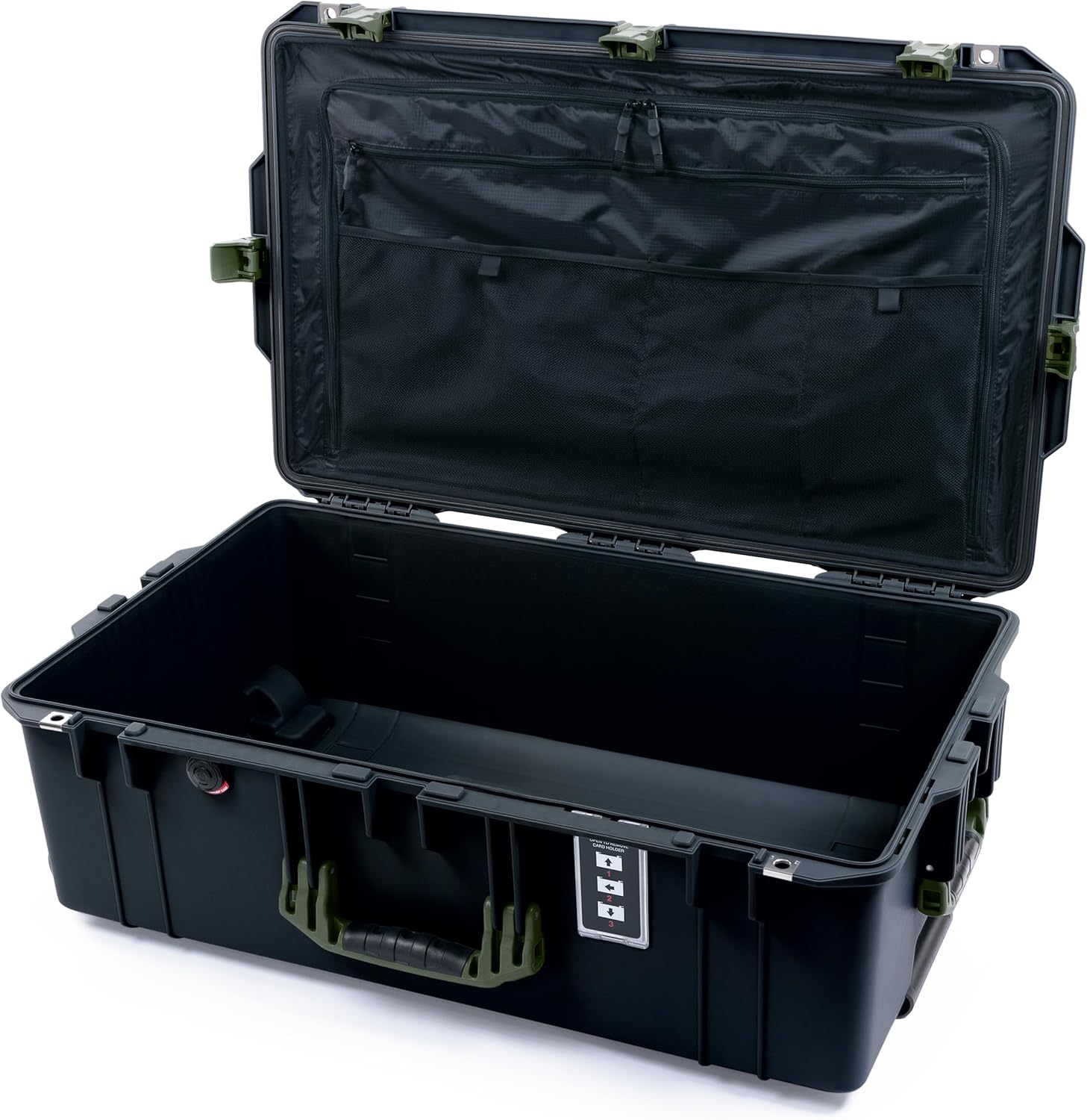 ColorCase Pelican 1595 Case Black - Large Sized Waterproof Case with Combo Pouch Lid Organizer- OD Green Handles & Latches