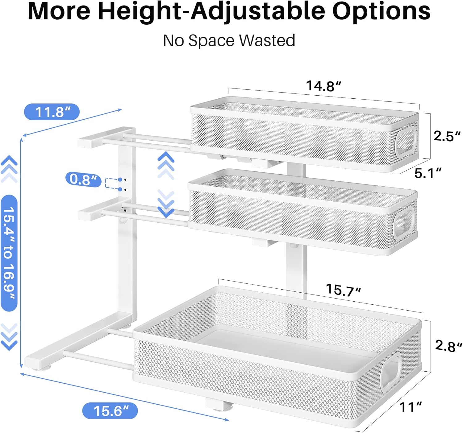 Under Sink Organizer, 1-Pack 3-Tier Thickened Metal Pull out Cabinet Organizer Shelf, Height Adjustable Slide out Storage Drawer Rack for Kitchen Bathroom Pantry Laundry Home Organization, White