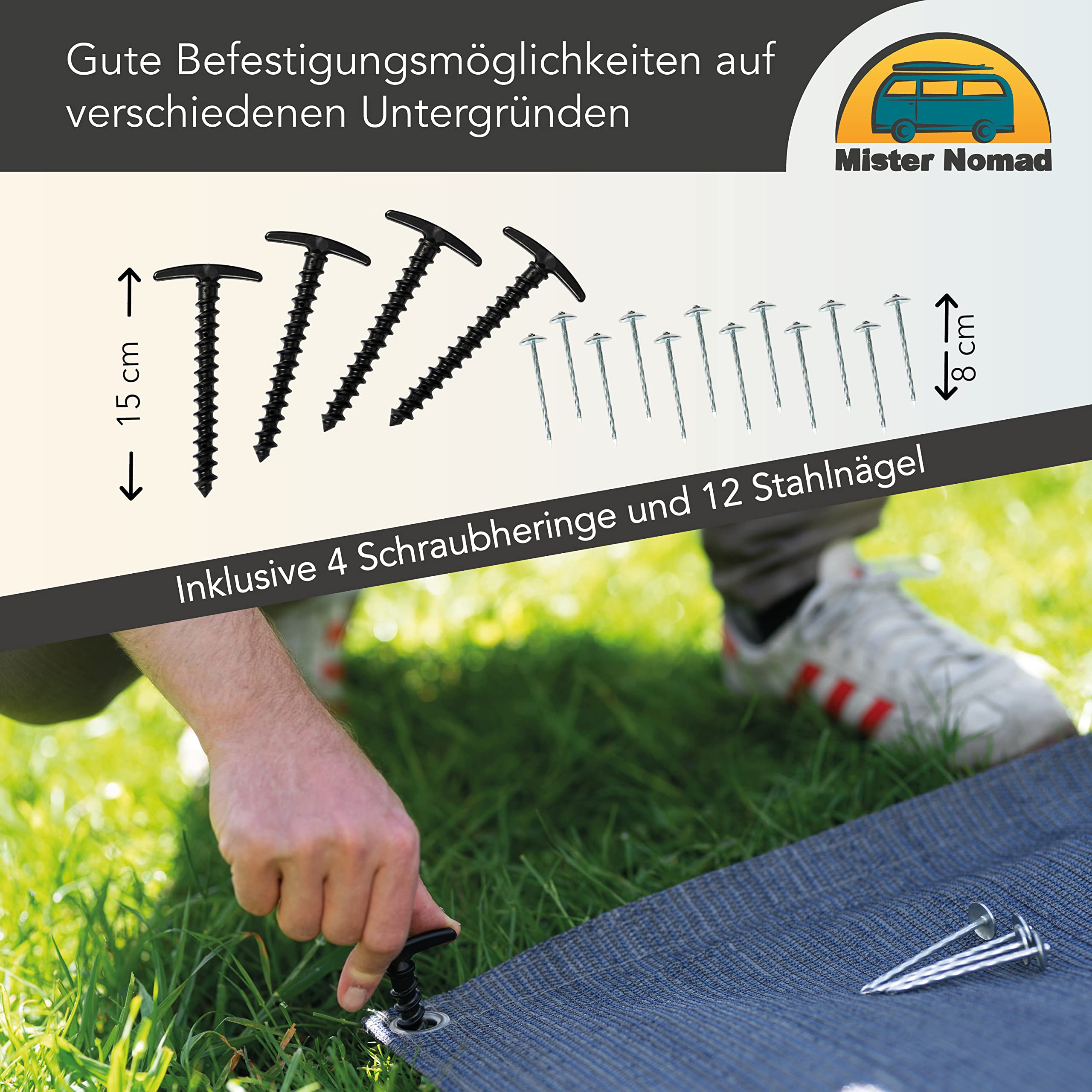 Mr Nomad Vorzeltteppich 3x2.5m – Hochwertiger, UV-beständiger Campingteppich aus HDPE (300 g/m²) – Perfekter Vorzeltboden für Wohnwagen & Wohnmobil – inkl. Tragetasche & Zubehör