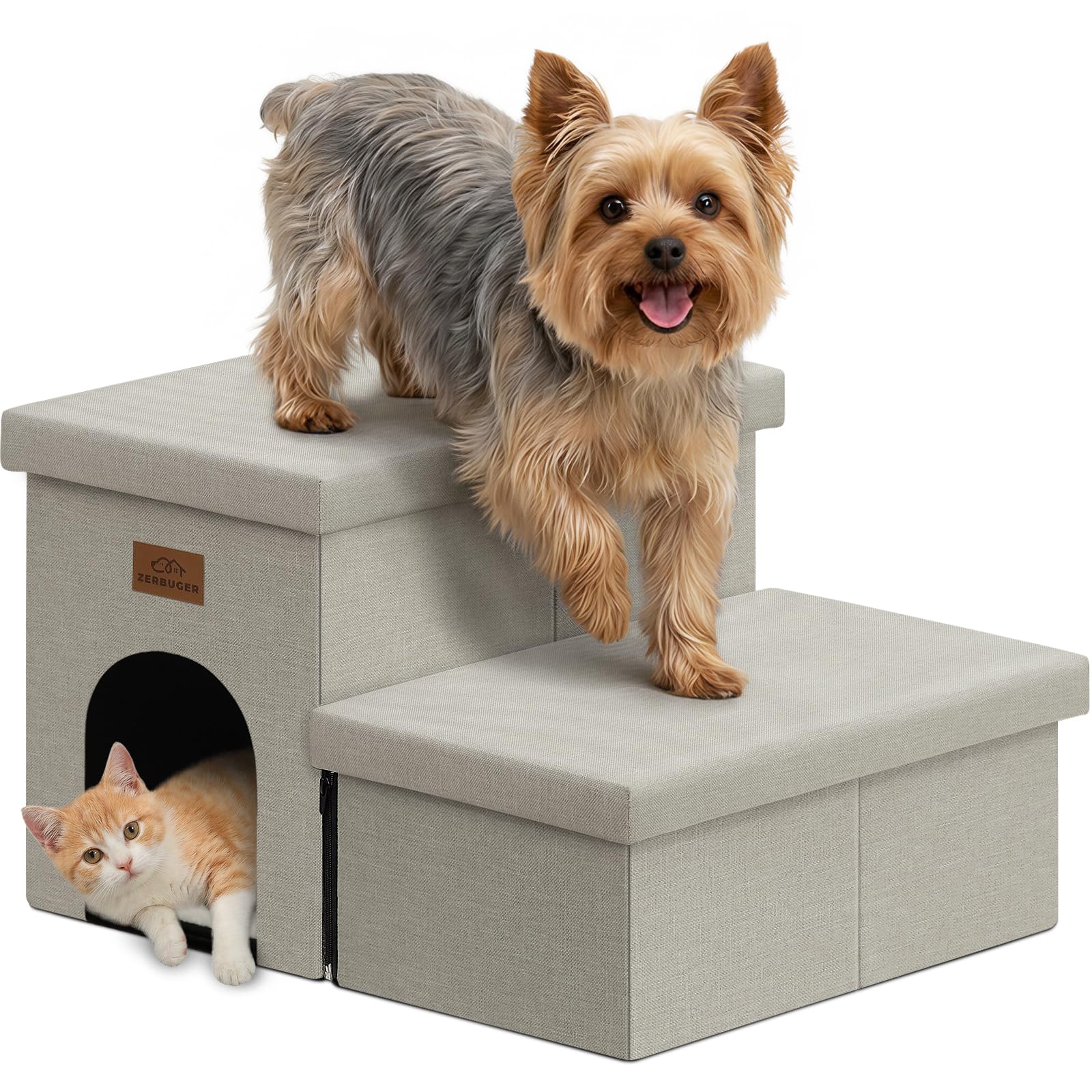 Zerbuger Dog Stairs with Storage, Beige 2 Steps Dog Ramp with Condo for Bed