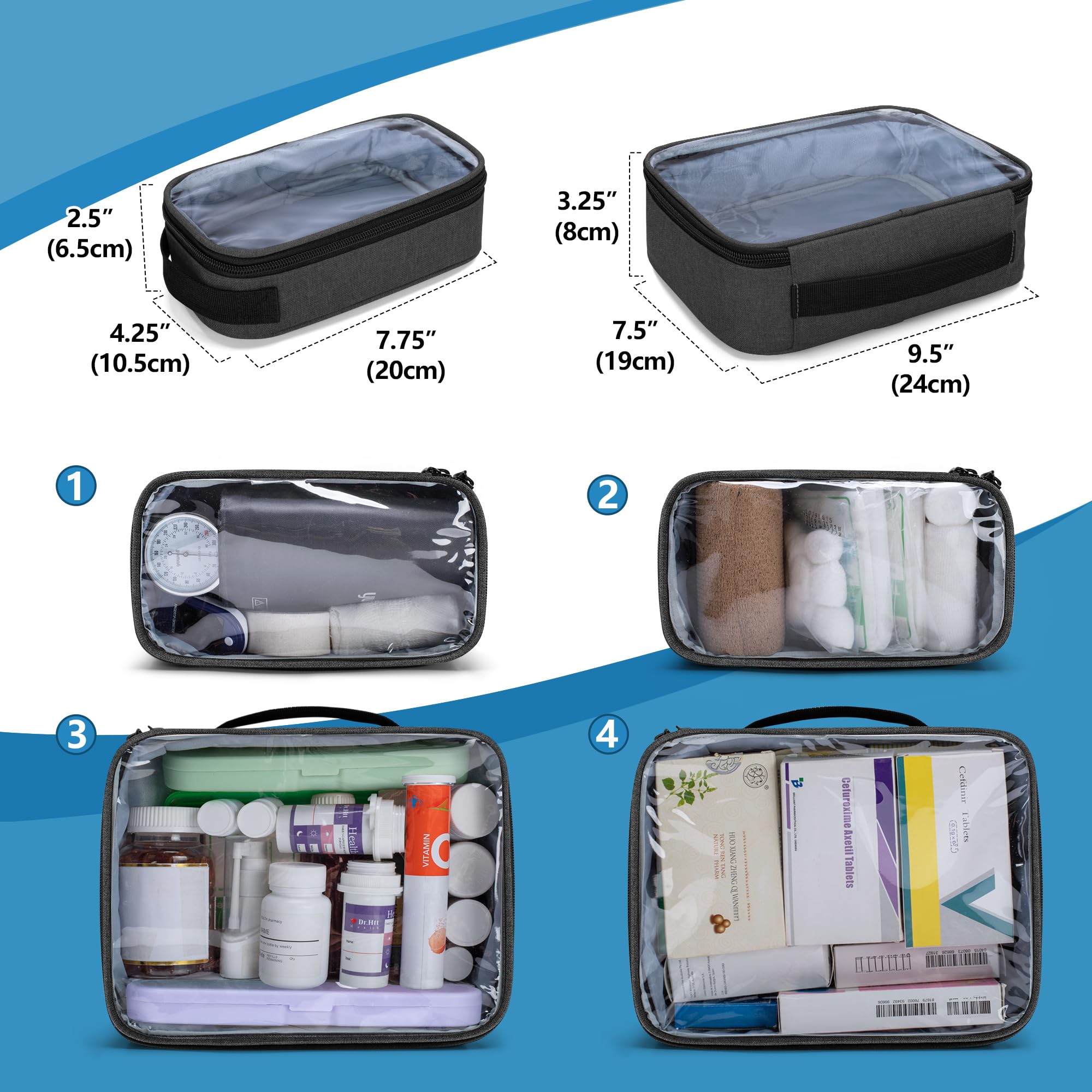 BAFASO Bolsa de Medicina, Organizador de Frascos de Pastillas y Correa | Grande con 4 Bolsillos Interiores Extraíbles, para El Hombro (Sola Bolsa), Negro