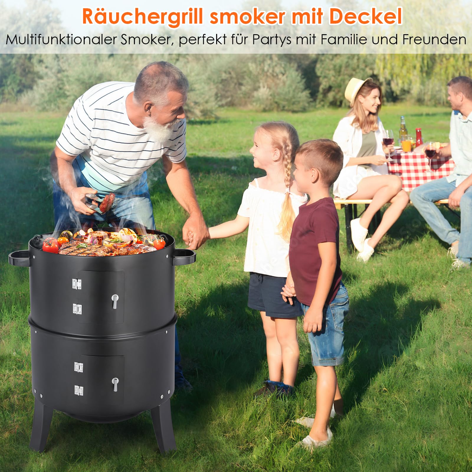 TLGREEN 3 w 1 Wędzarnia, Grill z Pokrywką, Termometr, 2 Ruszty ze Stali Nierdzewnej, 2 Emaliowane Tacki na Wodę, Beczka Wędzarnicza z Uchwytem, BBQ Smoker, Grill Węglowy, do Wędzenia i Grillowania