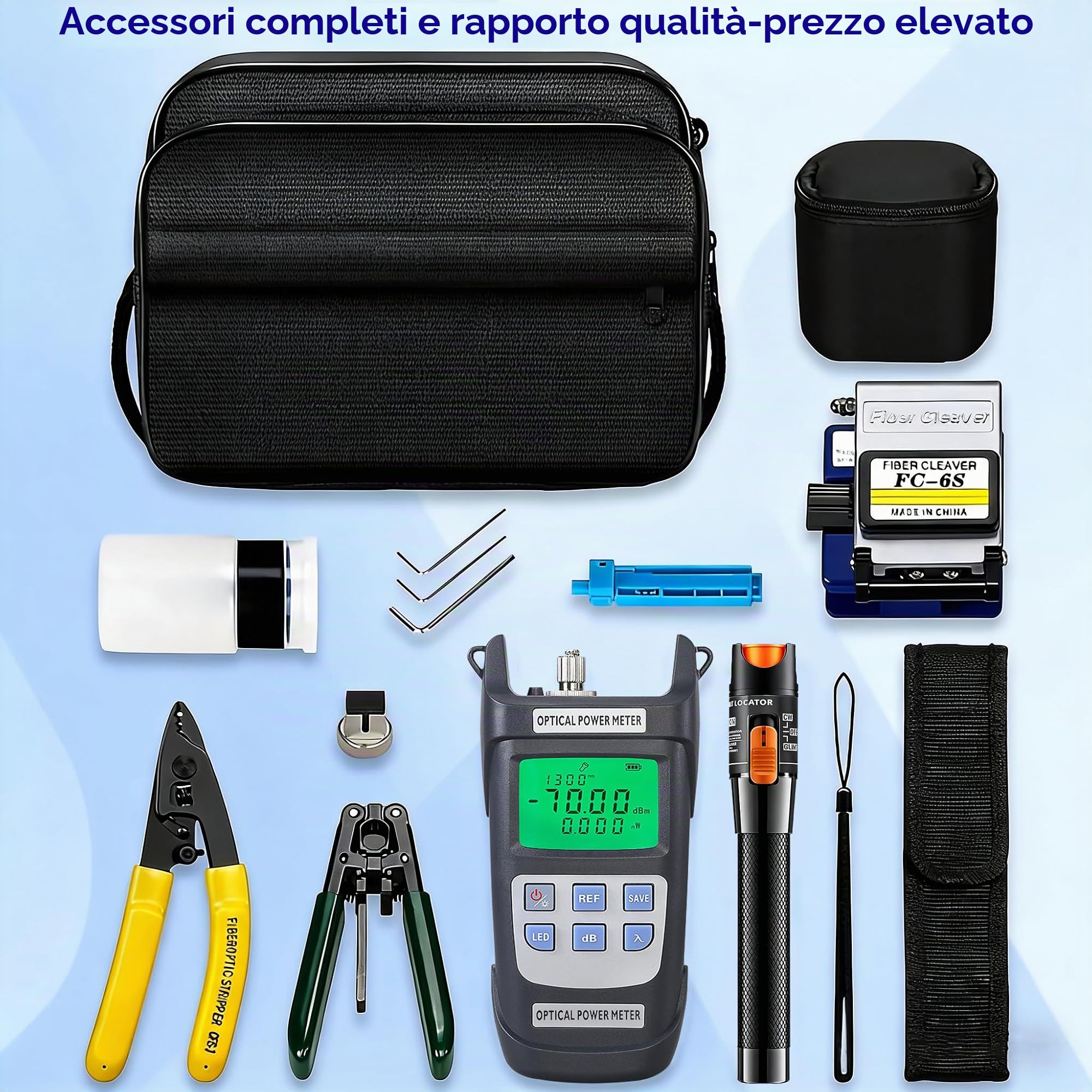 Kit di strumenti per fibra ottica, kit di strumenti FTTH 11 in 1 con mannaia FC-6S, misuratore di potenza ottica, localizzatore visivo di guasti Spellafili per fibra ottica da 10 km