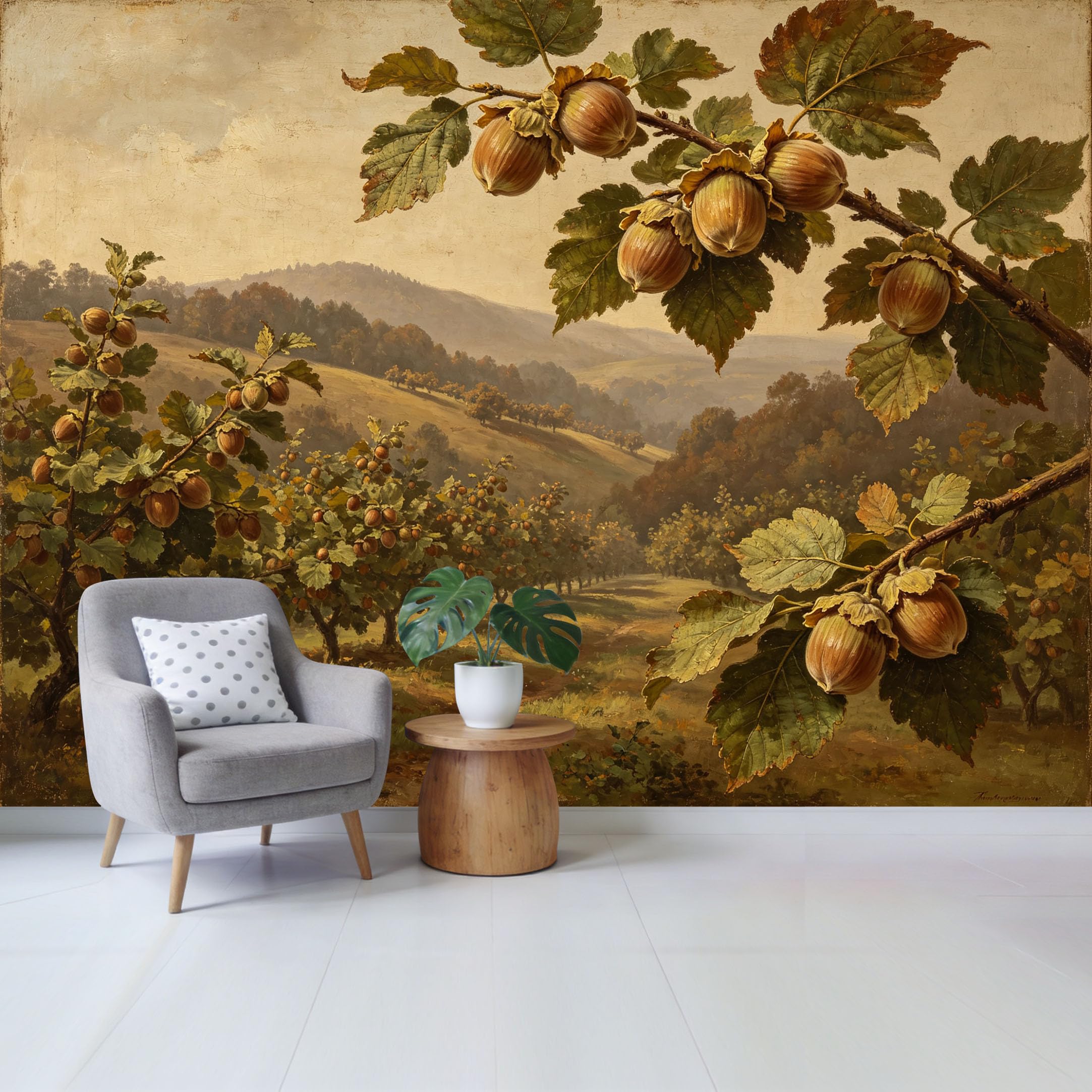Qzlithotic Yq2605250374 Custom Size Wall Mural Vintage Oil Painting Hazelnut Orchard Botanical Landscape Scene Selfadhesive Wall Fabric Removable Wallpaper For Home Office Decor