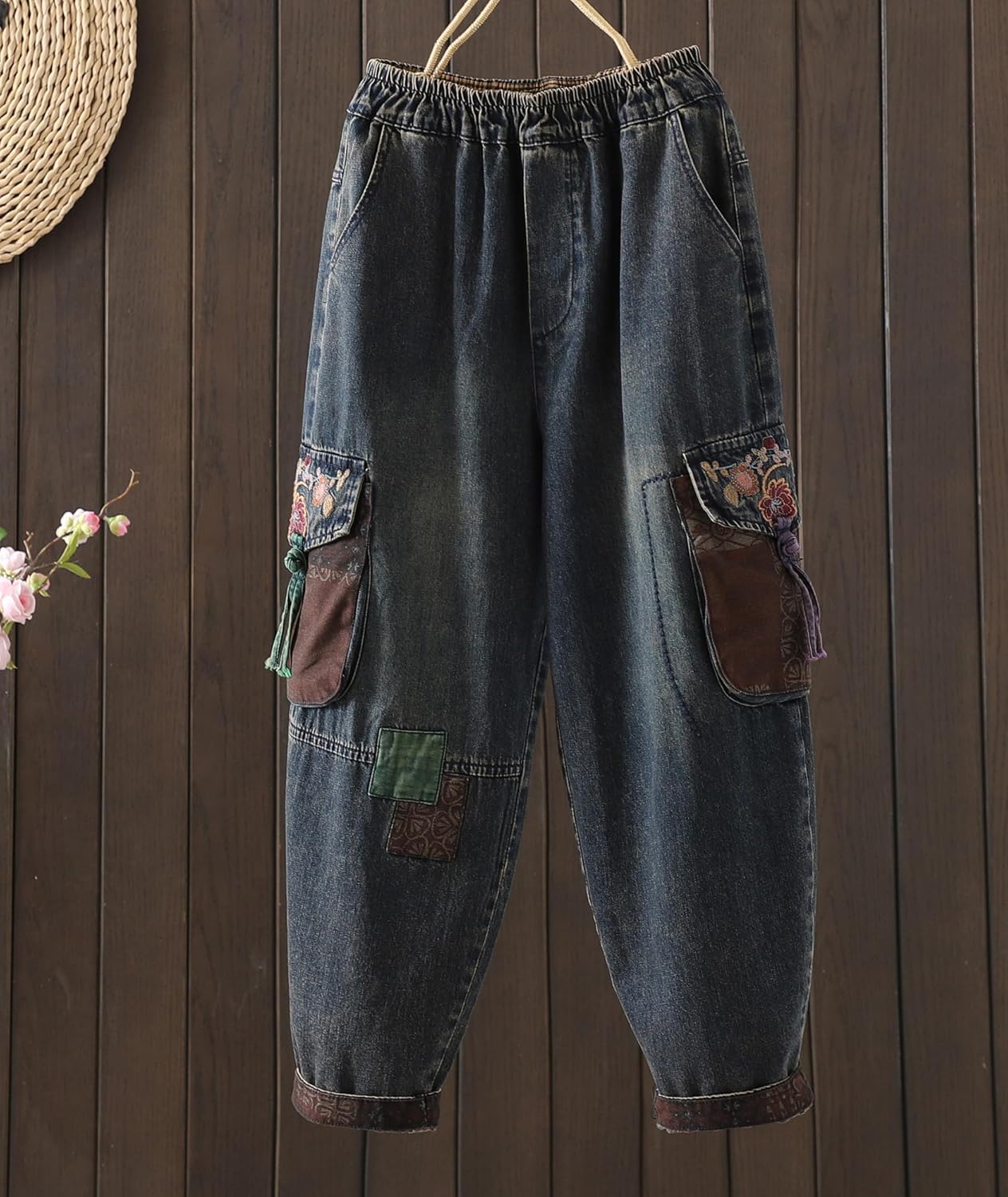 Women's Casual Denim Harem Jeans Loose Pants Elastic Waist Pull on Trendy with Pocket