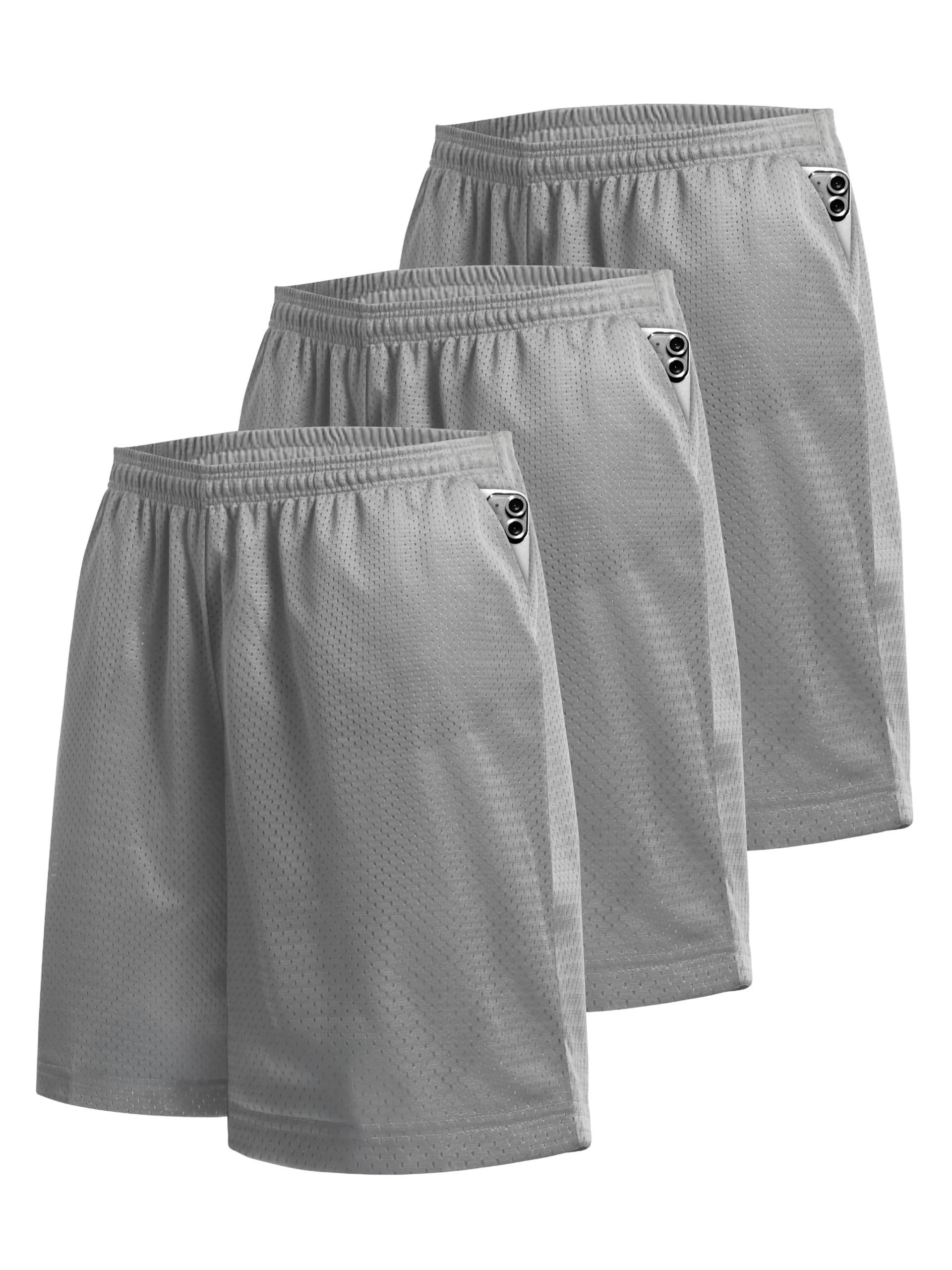 Hat and Beyond Mens Lightweight Basic Mesh Shorts 3-Pack Basketball Jersey Workout Fitness Gym Short (X-Large, LightGray-LightGray-LightGray)