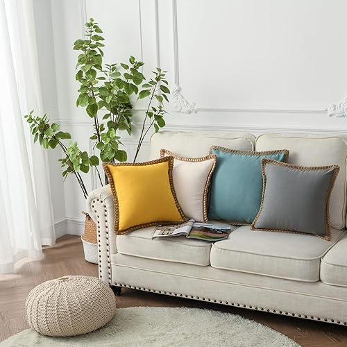 Miniatura 3 de LIGICKY Paquete de 2 fundas de almohada decorativas de arpillera con bordes a medida, fundas de almohada cuadradas para sofá, cama, sala de estar,