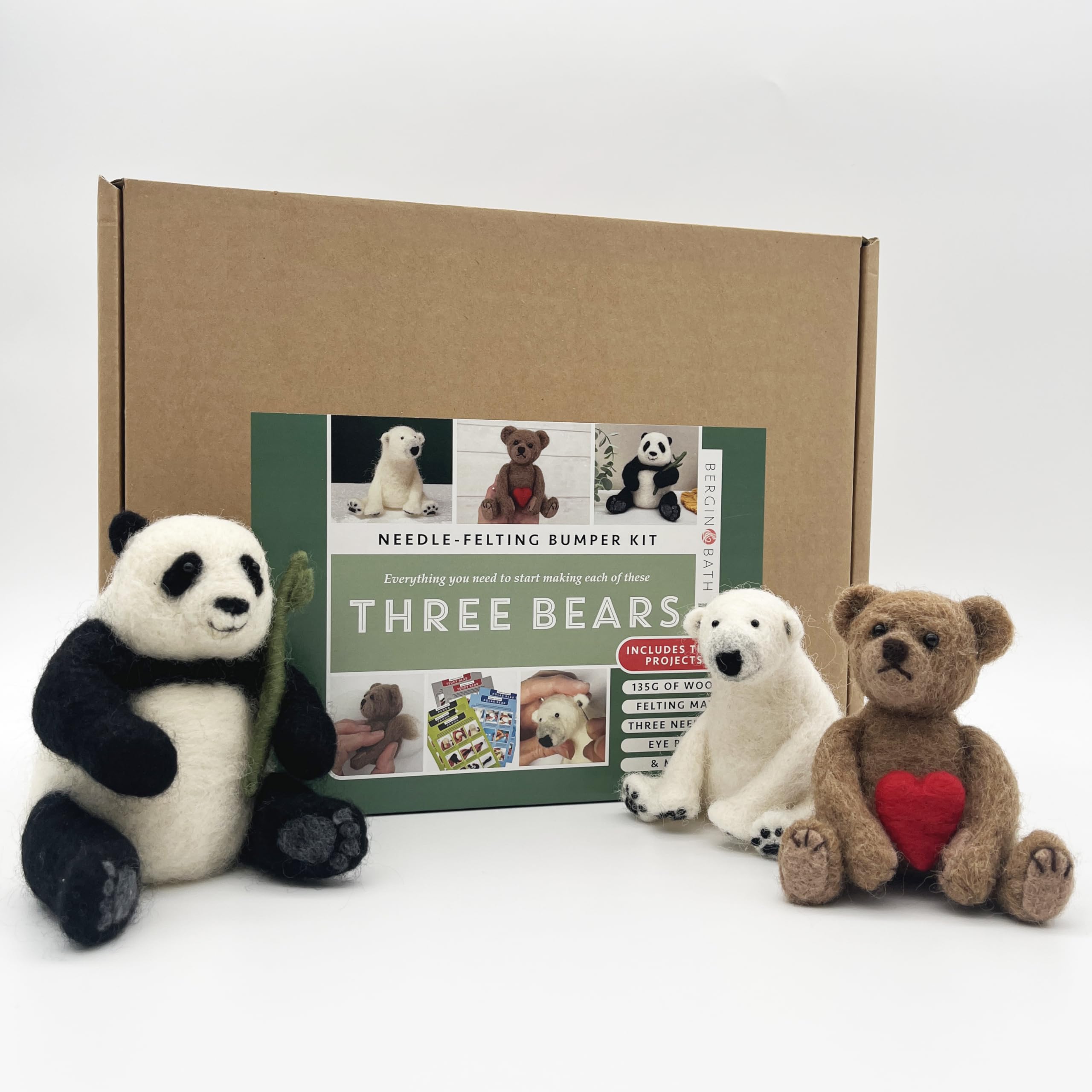 Bergin & Bath Needle Felting Bumper Kit - Three Bears. A Premium Starter kit. Make a Polar Bear, a Panda and a Teddy Bear. Planet-Friendly Wool.