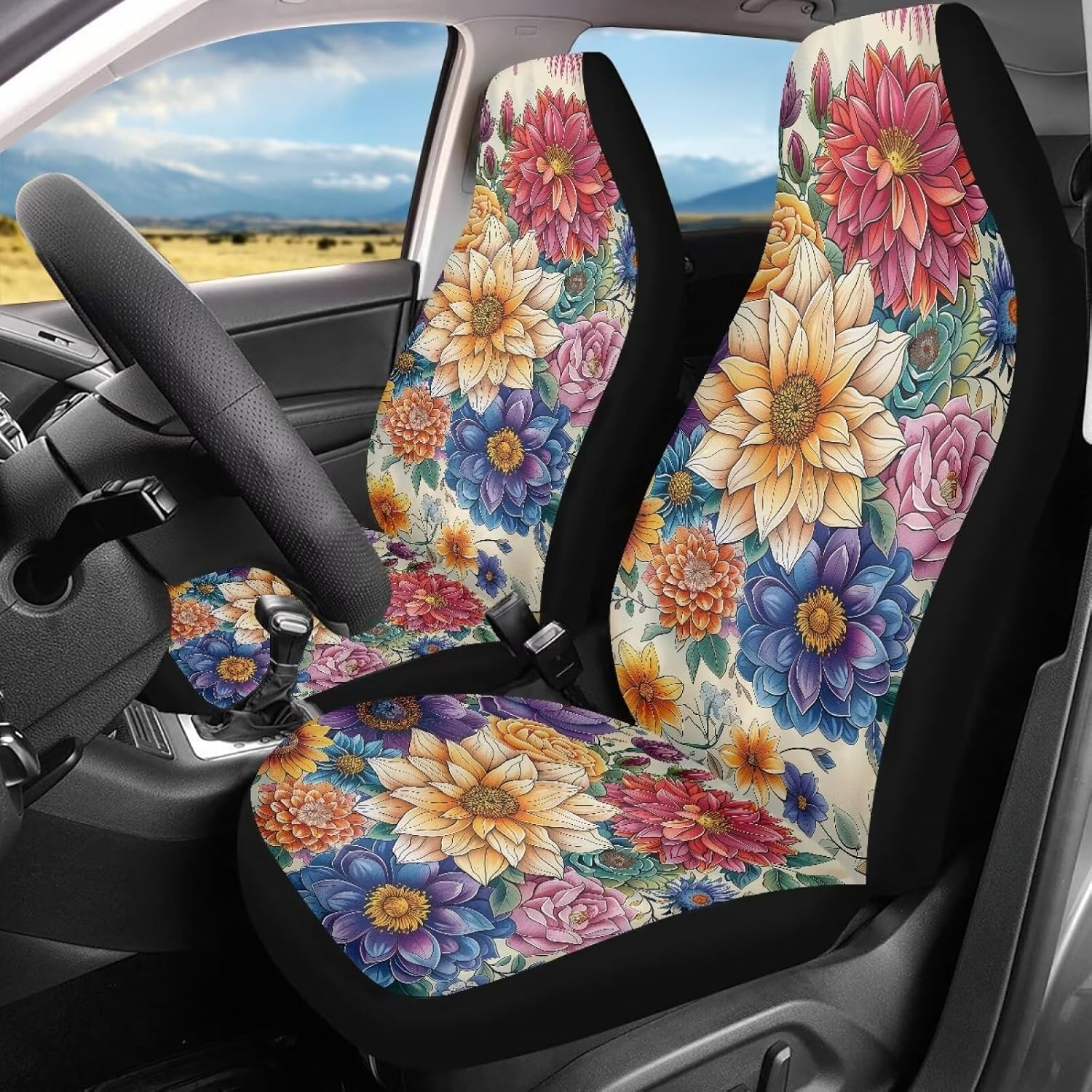 Bulopur Colorful Flowers Car Seat Covers Set of 2, Universal Front Car Seats Vehicle Enterior Protector Suitable Fits Most Car Auto SUV Sedan Truck Easy to Install