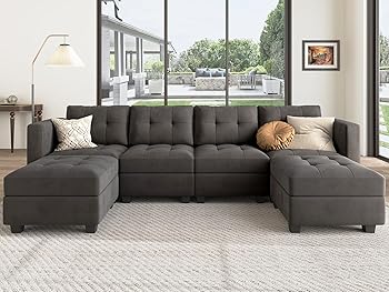 HONBAY Modular Sectional Sofa with Storage Velvet U Shaped Couch with Reversible Chaises Sectional Sofa with Ottomans, Grey