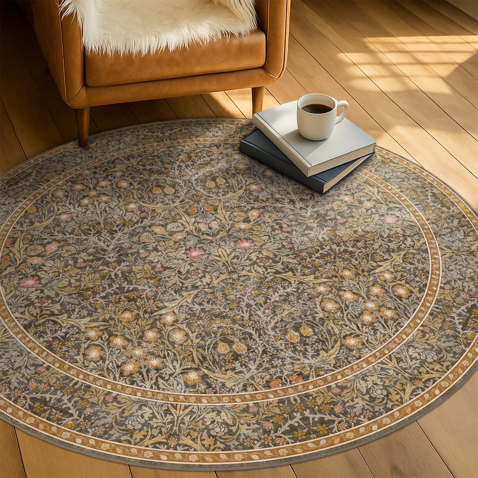 Gold Brown 4ft Circle Area Rug for Living Room, Machine Washable Boho Botanical Floral Rug for Kitchen, Bedroom - Non Slip with Rubber Backing, Low Pile Stain Resistant Carpet