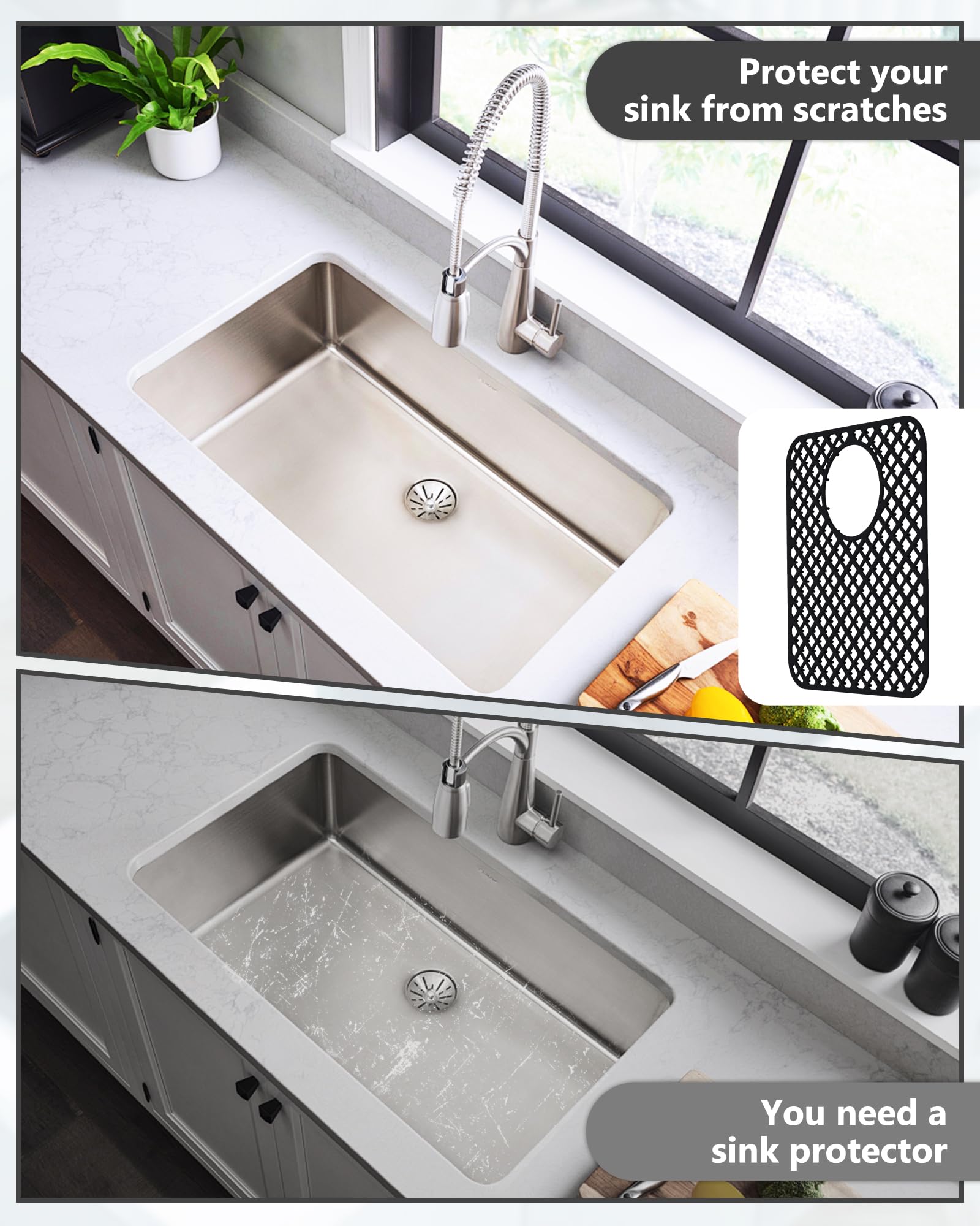 Buumin 2-Pack Non-Slip Kitchen Sink Mat Protector – Adjustable Medium Size – Black Grid Drain