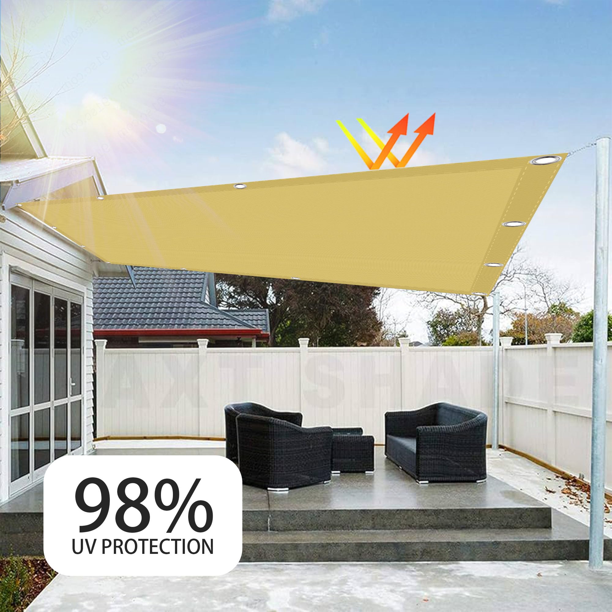 Voile D’Ombrage 4 x 6 m Imperméableanti Voiles Solaire avec Oeillets et Cordons Pourjardin, Terrasse, Balcon, Extérieur, Jaune Sable