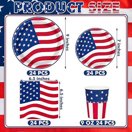 Miniatura 2 de QZYL 96 piezas de suministros para fiesta del 4 de julio, sirven decoraciones del 24 de julio, juegos de platos y servilletas del 4 de julio,