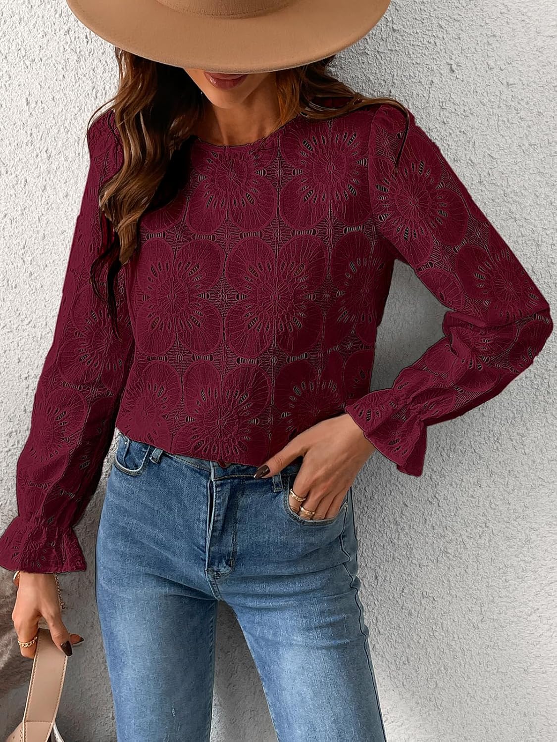 CUPSHE Women's Eyelet Long Sleeve Tops Shirts Dressy Hollow Out Crochet Lace Embroidered Blouses 2026 Fashion - Image 3