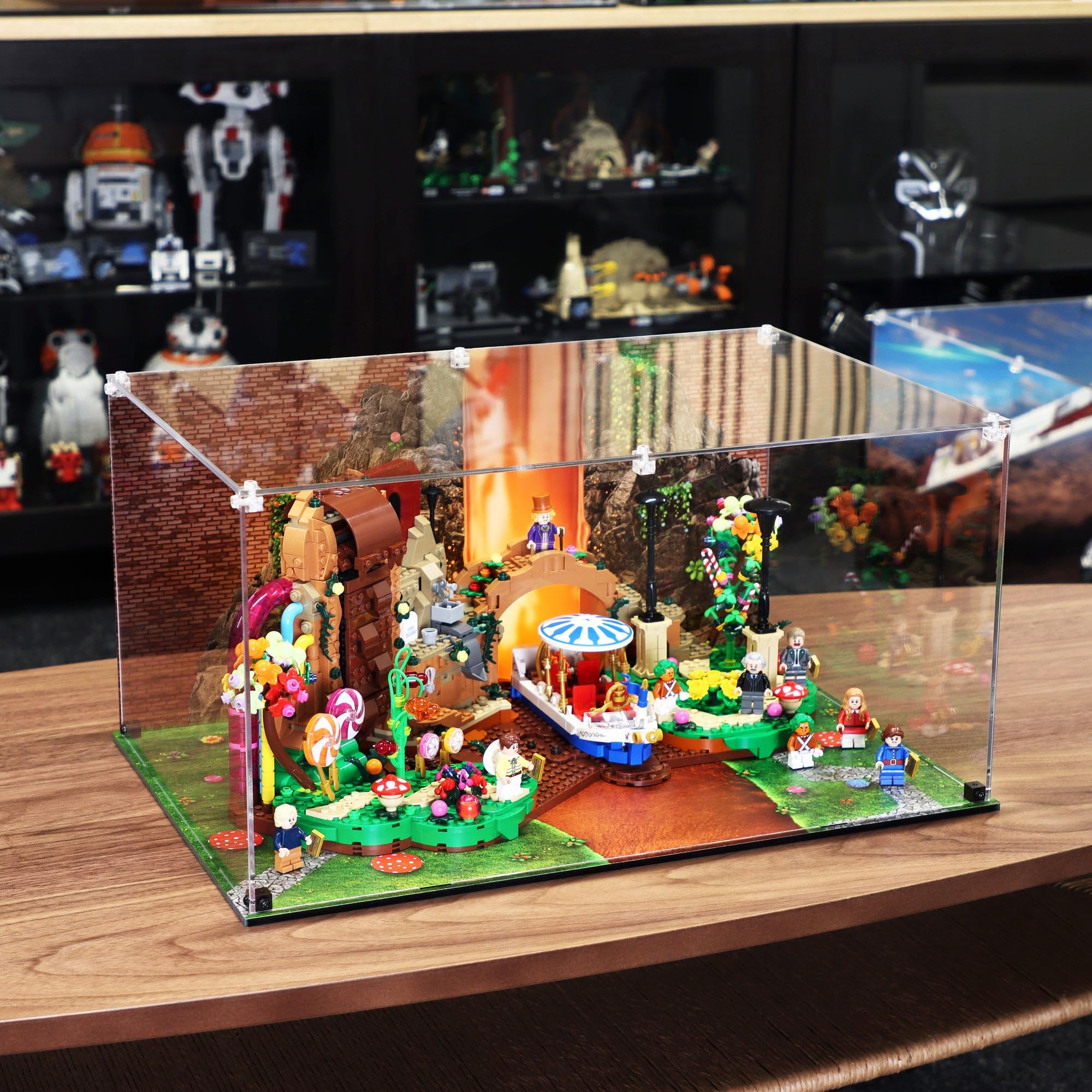 Plexico Transparent Display Case Compatible With Lego 21360 Willy Wonka & The Chocolate Factory - Special Edition (Printed Back & Base Panel)