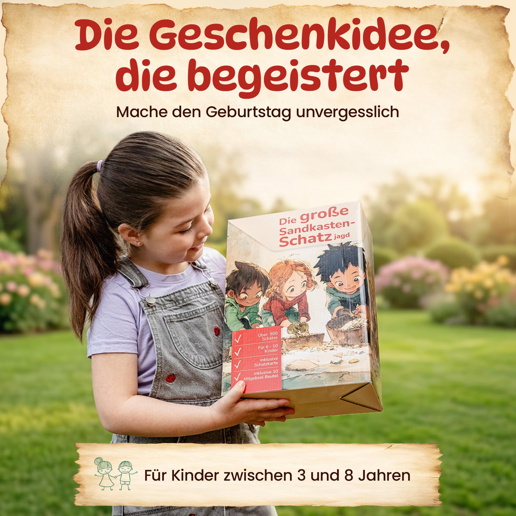 DIAGO Schatzsuche Kindergeburtstag - Outdoor Spiele Set für Kinder mit Edelsteinen, Schatzkarte und Sandkasten Spielzeug - Schnitzeljagd ab 3 Jahren
