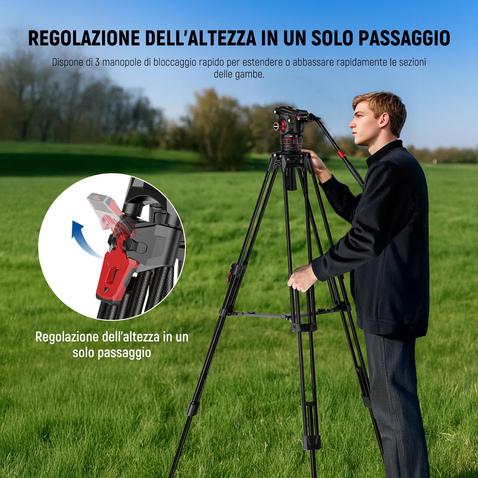 NEEWER 198cm Treppiede Video in Fibra Carbonio con Testa Fluida Smorzamento Regolabile, Sgancio Rapido a Un Passo con Piastra QR e Maniglia, Camera Tripod Robusto per DSLR Videocamera, Max 10kg, LL37