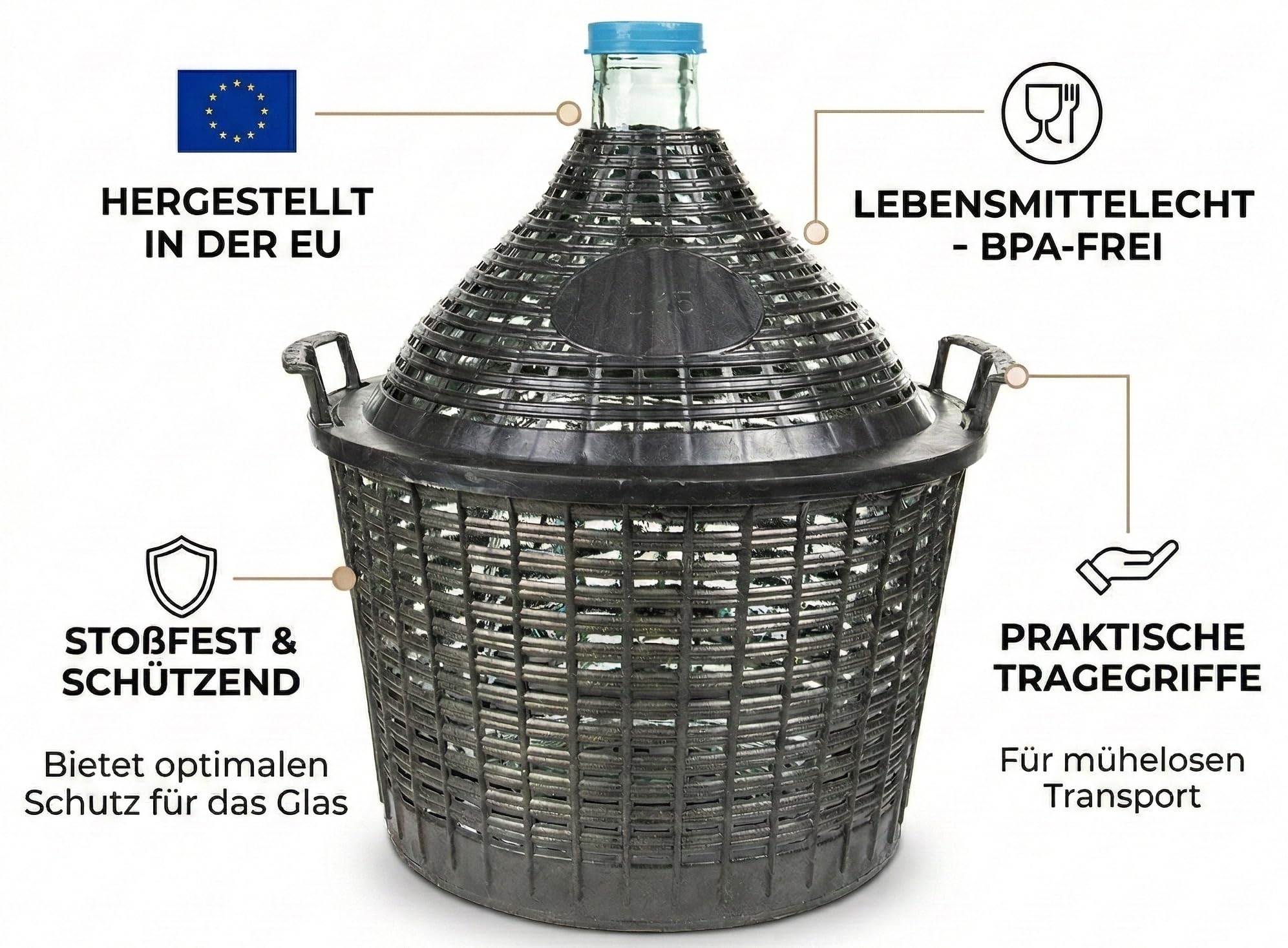 lilawelt24 Weinballon mit Korb Glasballon Gäreimer Gärballon Gärbehälter mit Kunststoffkorb Glasflasche Korbflasche Glasgärballon (20L)