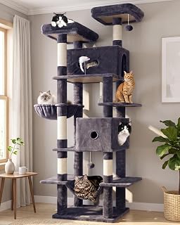 Globlazer 80in Cat Tree Tower for Indoor Cats Large Adult, S80B, Dark Grey | Extra Large Heavy Duty Cat Climbing Tower with Scratching Post, Oversized Condos for Big Cats, Padded Top perches, Hammock