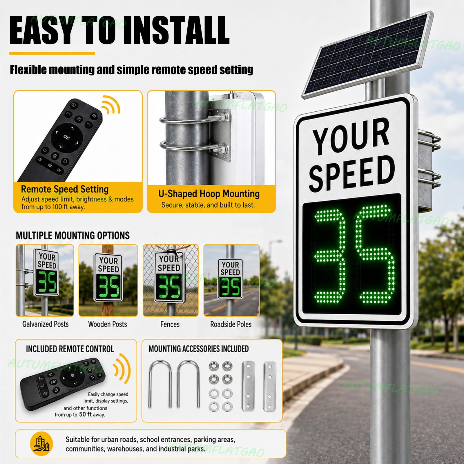 Señal Radar Velocidad Solar LED, Cartel De Límite De Velocidad Con Detección Por Radar, Pantalla Roja/Verde Y Mando a Distancia Para Colegios, Comunidades, Granjas Y Zonas Industriales 20"×27"