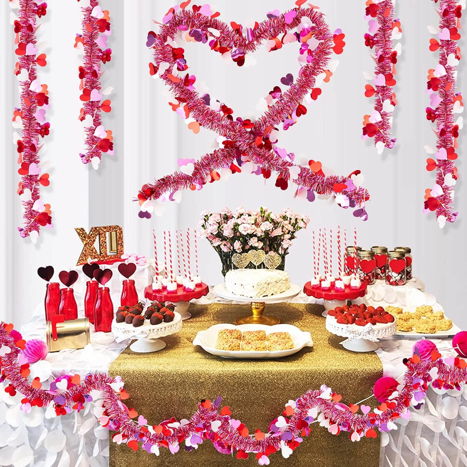 6 PCS Valentine's Day Tinsel Garland, 39.4 ft Heart Metallic Fringe Garlands Valentine's Day Hanging Garland Decorations for for Valentines Party Wedding New Years Home Indoor Outdoor (Red Pink White)