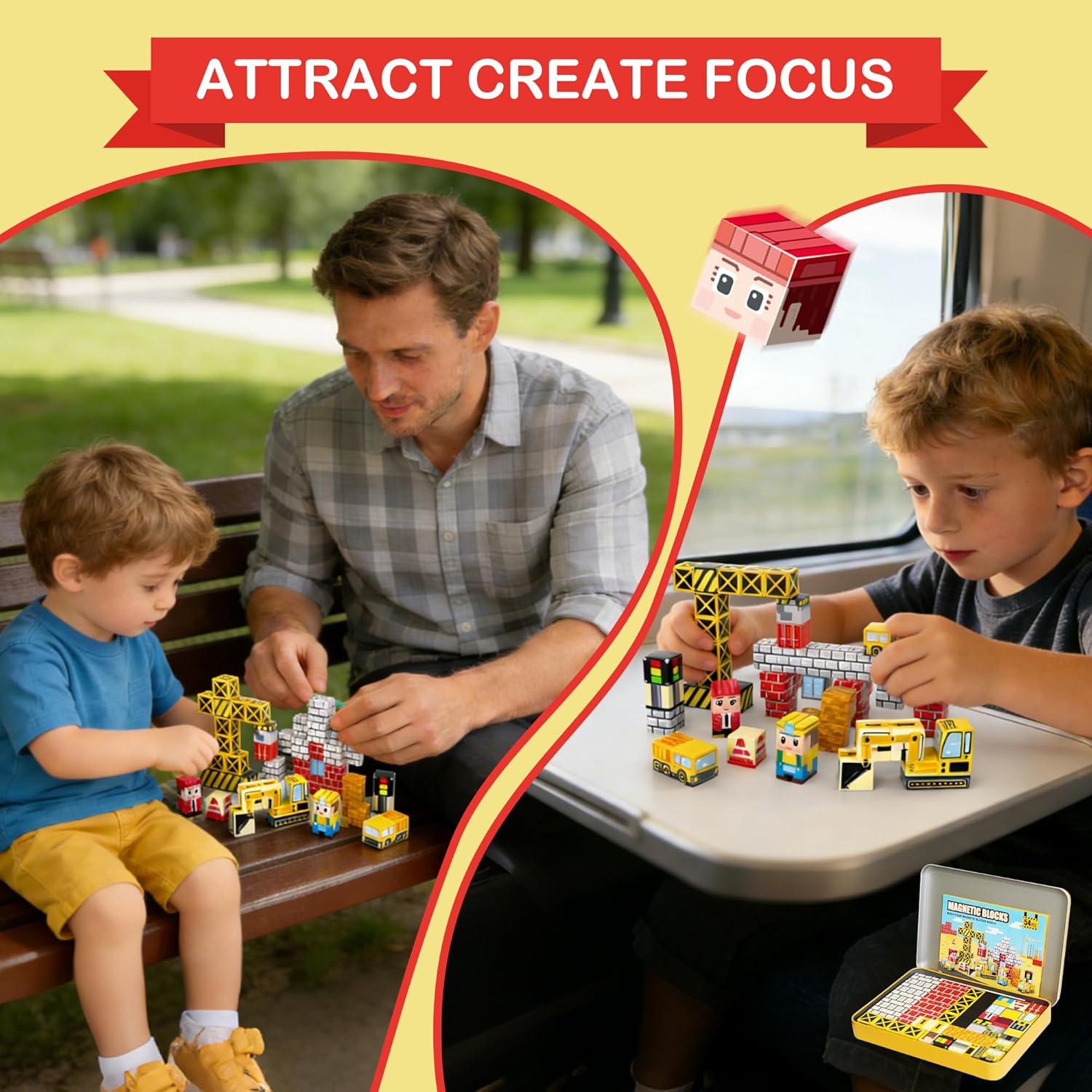 Magnetic Tiles Building Blocks for Kids Ages 3+, STEM Toys for Toddlers, 54 PCS Magnetic Construction Set with Storage Bag, Educational Birthday Gifts for Boys & Girls (Edifice)