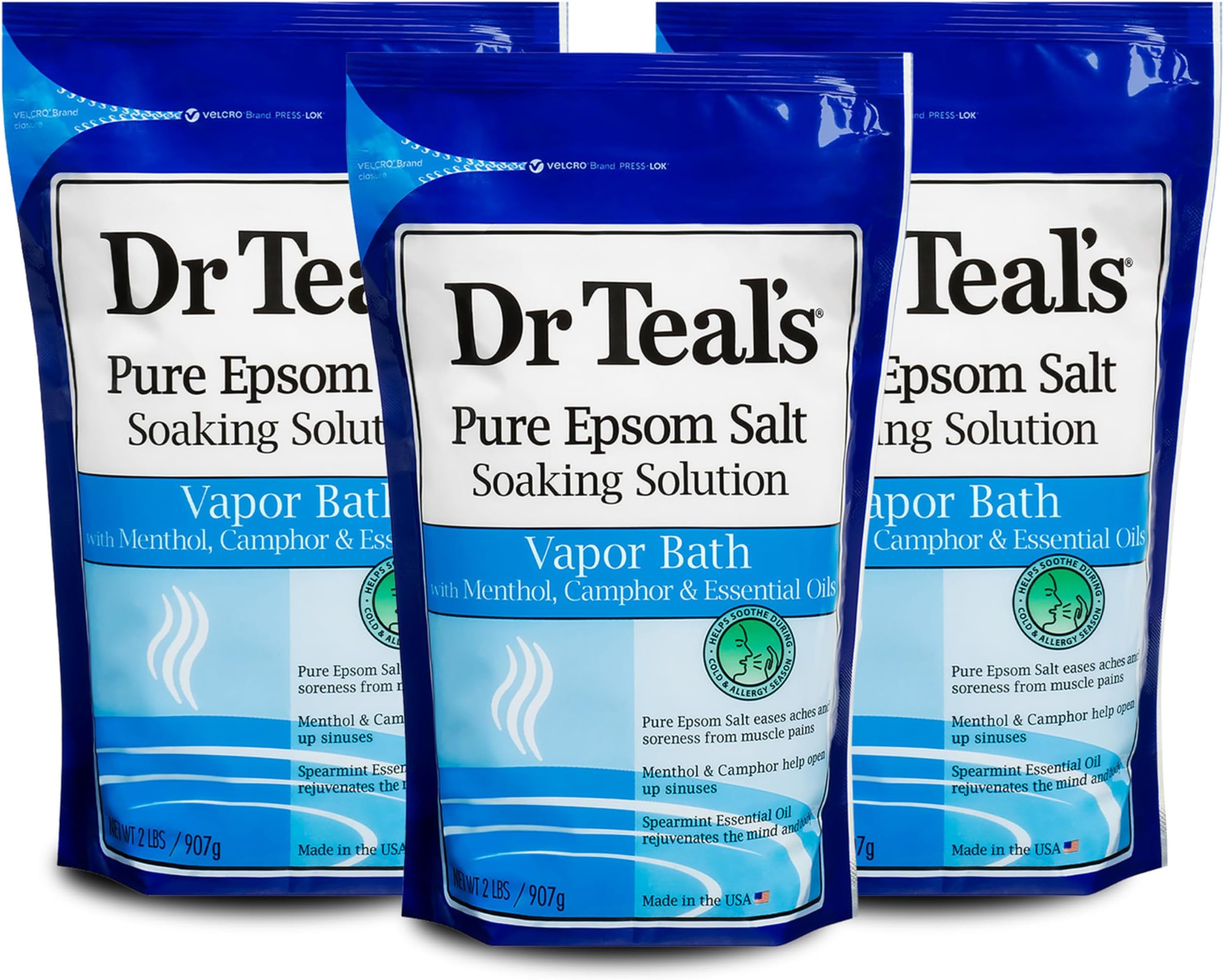 Dr Teal's Pure Epsom Magnesium Salt Soak, Vapor Bath with Menthol, Camphor & Essential Oils, 2 lbs (Pack of 3)