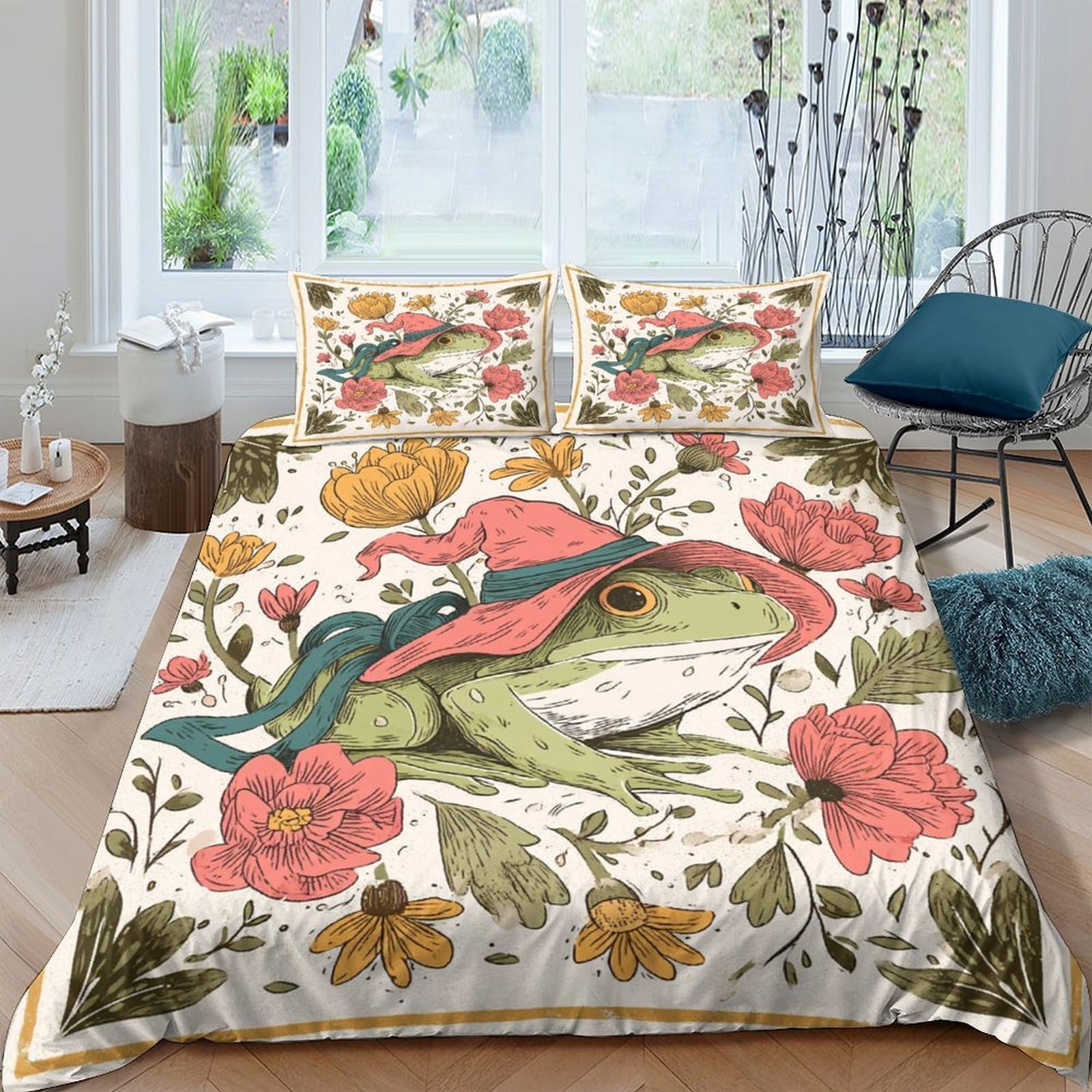 GPLZQXKJNH 3D Printed Frog Garden Duvet Cover Set Microfiber Soft Floral Bedding with 2 Pillowcases for Bedroom Decor Single（135x200cm）