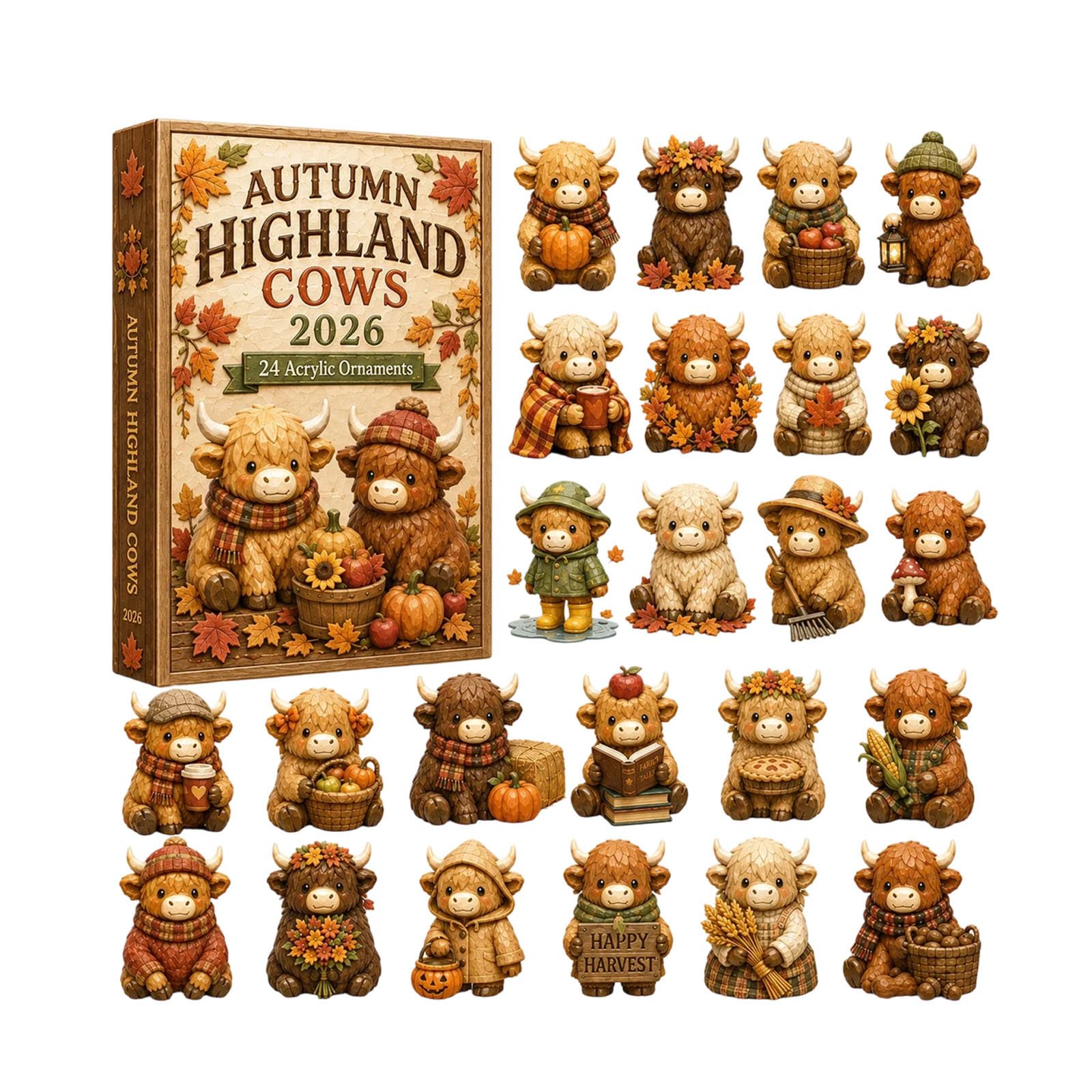 Highland Cow Advent Calendar 2026, Christmas Countdown With 24 Mini Cattle Figurines, Christmas Ornaments, 24 Days Xmas Calendar, Tree Ornament Decor, 2D Figurines, Xmas Decor, Cow Lover Gift