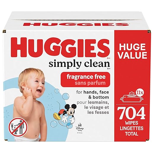 Huggies Simply Clean Unscented Baby Diaper Wipes, 11 Flip-Top Packs (704 Wipes Total), Packaging May Vary