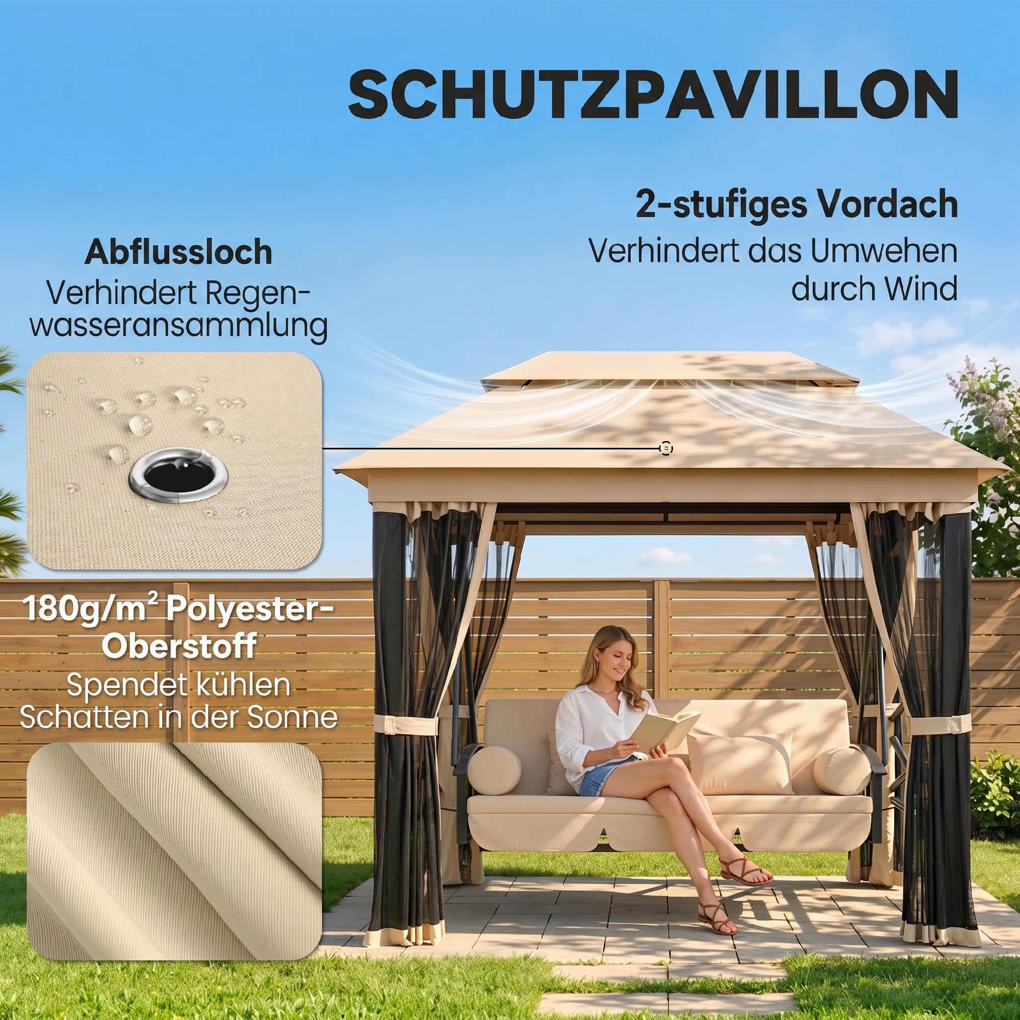 Outsunny Hollywoodschaukel Gartenschaukel Schaukel mit Seitenwänden 3-Sitzer Beige 256 x 172 x 248 cm