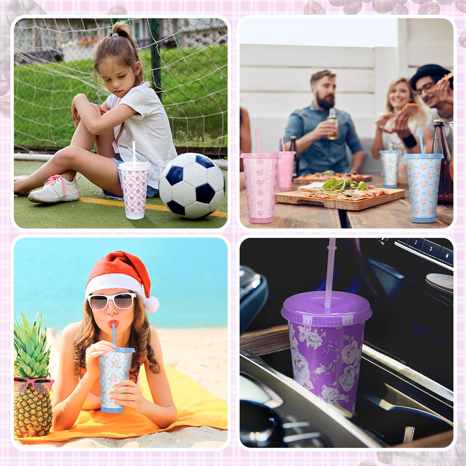 Zhehao 12 Pack Bow Floral Cups Plastic Coquette Bow Straw Tumblers Cold Cups with Lids and Straws Bulk for Iced Coffee 24 oz Reusable Travel Mug Cup Gifts for Girl Women Mom Adults - Image 7