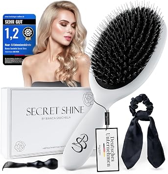 Secret Shine Extensions Brush - Wild Boar Bristles & Keratin Pens, Anti-Frizz, Gentle Without Pulling, Ideal for Tape-In, Bonding & Clip-In Extensions White