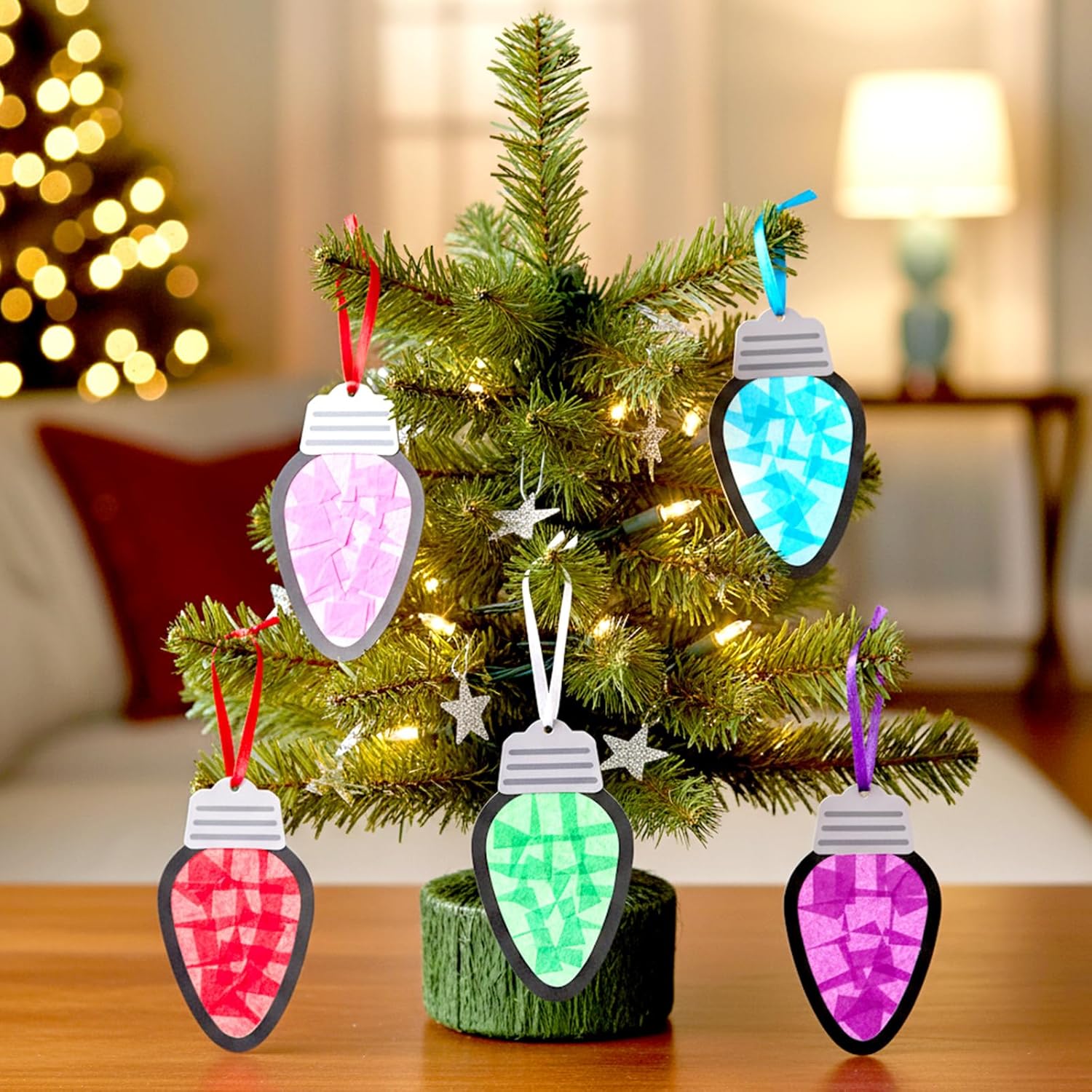 Funrous 32 Set Christmas C9 Lights Suncatchers Crafts Kit Xmas Colorful Light Bulbs Craft Tissue Paper Sign DIY Hanging Ornaments Window Art Decor for Christmas Winter Home Classroom Party Decorations