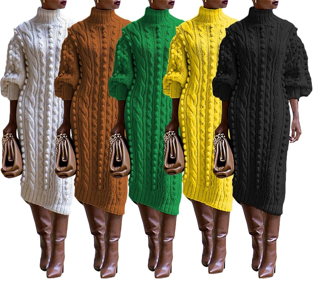【最終値下げ】Puff Sleeve Cable Knit Dress Amazon.com: Women Puff Long Sleeve Turtleneck Maxi Sweater