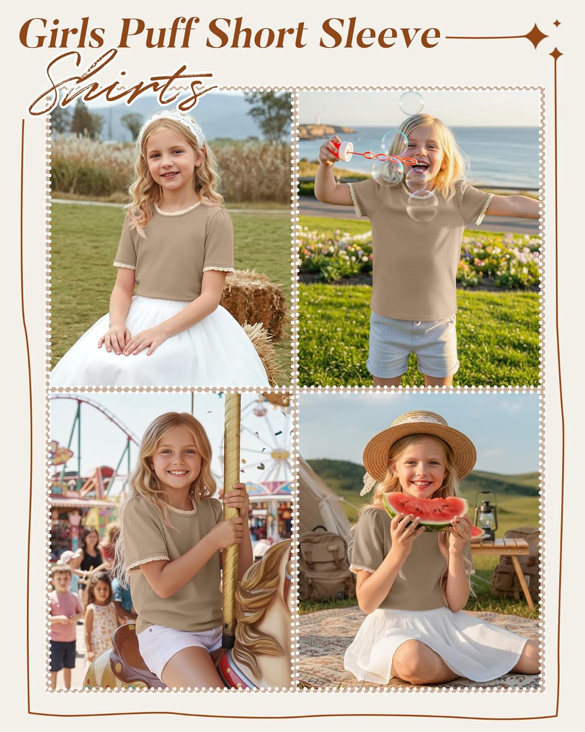 Girls Puff Short Sleeve Shirts Lace Crewneck Lettuce Trim Top Kids Tween Comfy Summer Cute Toddler Uniform Tee - Image 2
