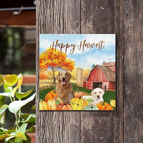 Miniatura 3 de Happy Harvest - Letrero de madera de granero americano con diseño de perro matón americano de bienvenida para otoño, placa de pared de calabaza,