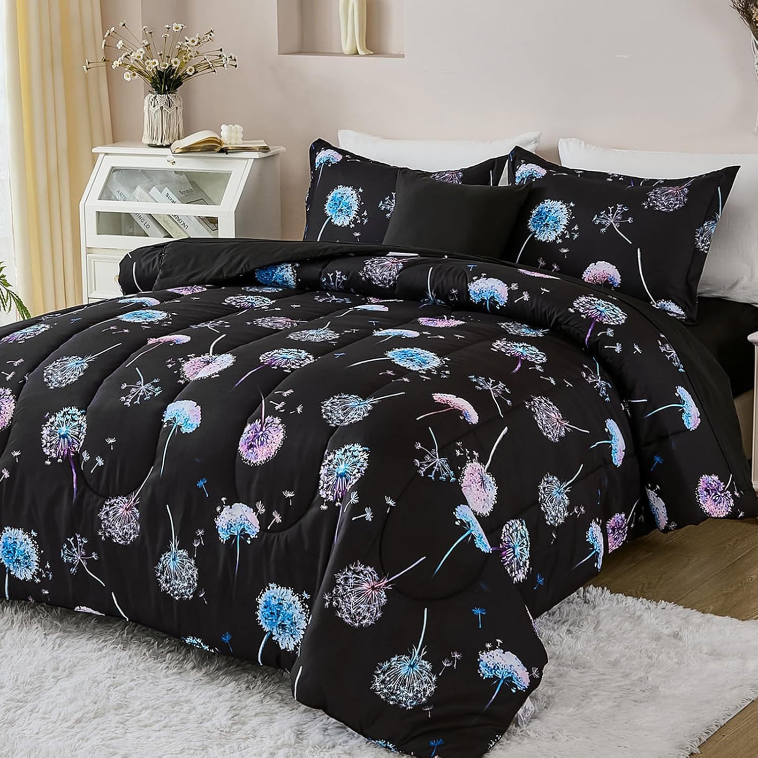 WONGS BEDDING Girls Bedding Sets Twin Dandelion Patterns 6 Pieces Twin Comforter Sets for Kids Black Bed in a Bag Includes Comforter，Flat Sheet, Fitted Sheet and Pillowcase（90"×68"）
