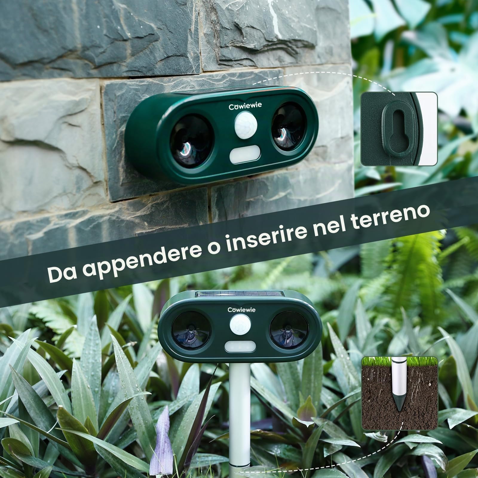 Cowiewie 2 Pezzi Repellente per Gatti da Esterno a Ultrasuoni e Flash LED, Ricarica Solare e USB, Repellente per Gatti Impermeabile per Giardini e Campi - Facile da Installare (verde)