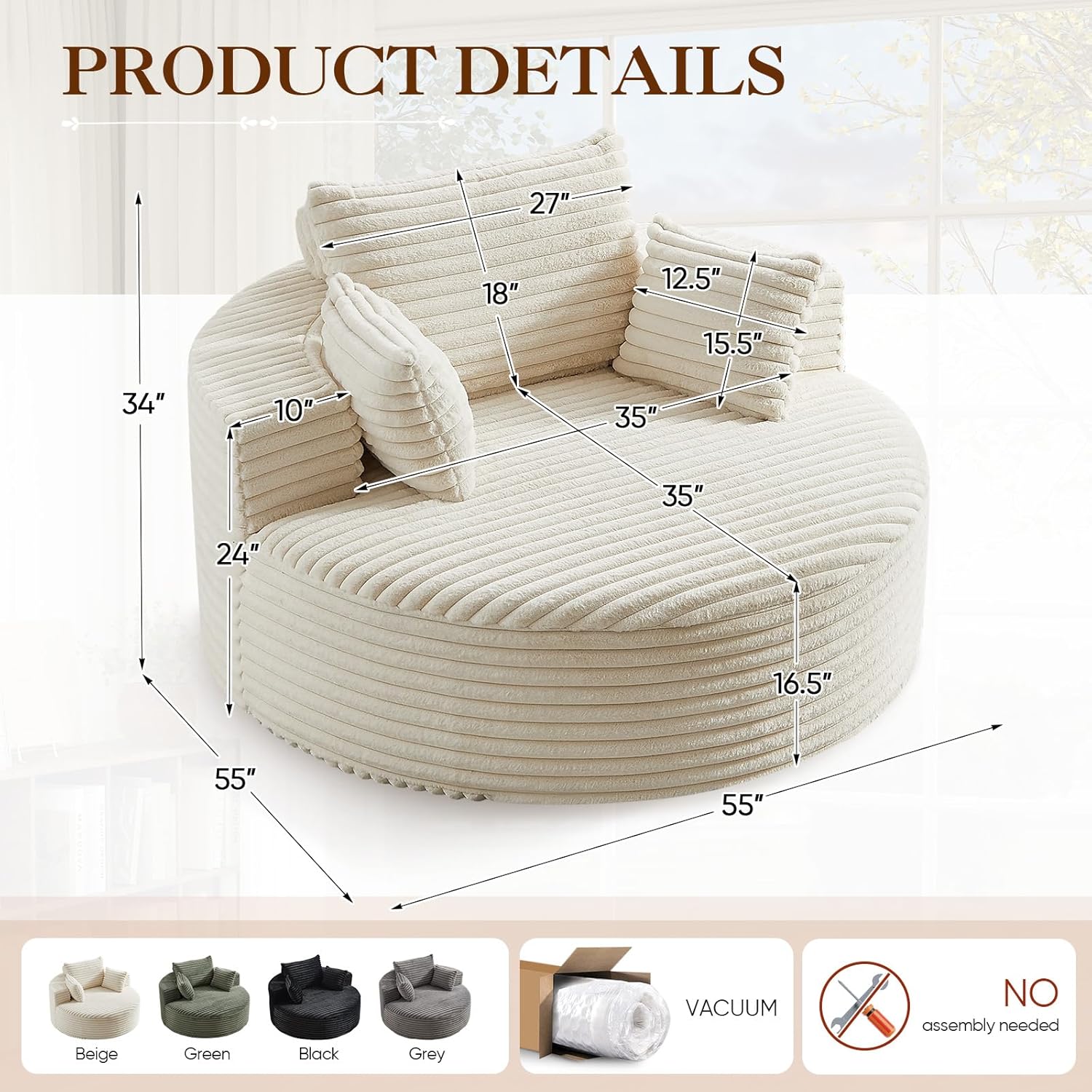 Oversized Round Chaise Longue Chair Indoor, Modern 55-inch Upholstered Corduroy Deep Seat Circle Single Cloud Lounge Floor Sofa Chair for Living Room, Bedroom Apartment, Beige Beige Modern Corduroy
