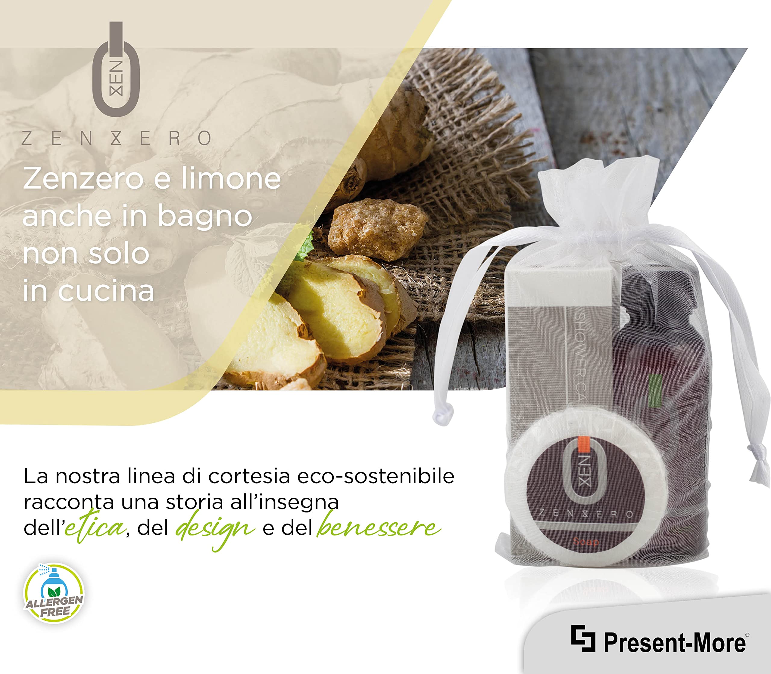 Present-More Amenities Kit Zenzero - Prestige Kit Toilettenartikel 100 Gäste für Hotels und B&B | Allergenfreie Amenities Kit mit Duftnote Ingwer und Zitrone