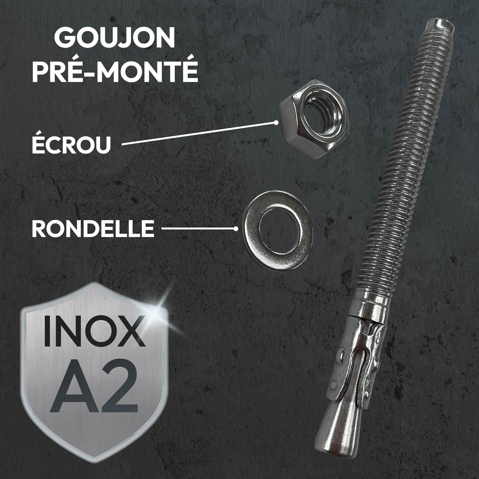 Lot de 50 goujons d'ancrage en acier inox A2 M8 - Diamètre de 8 mm - Longueur 75 mm - Diamètre 8 mm
