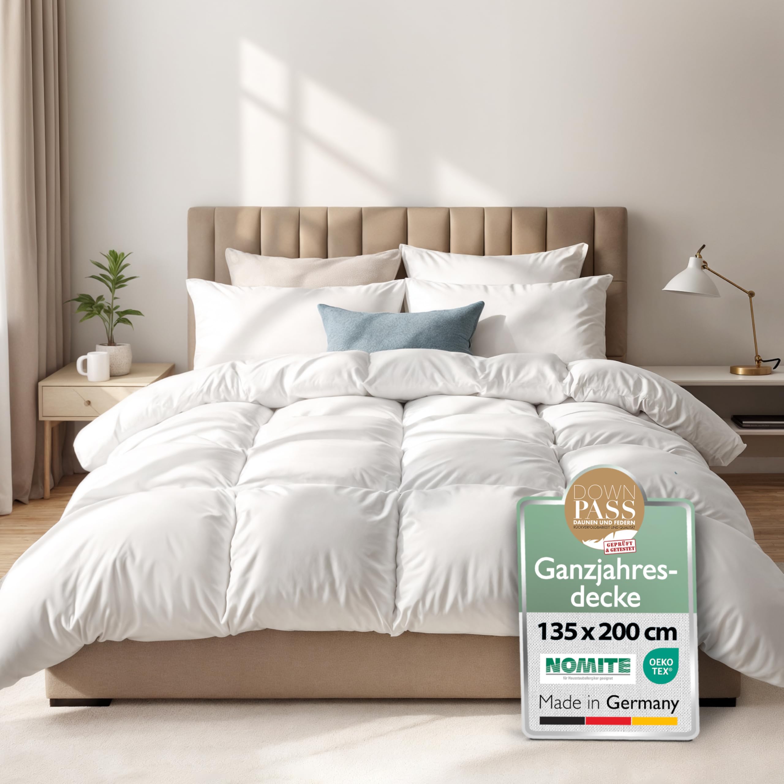Beautissu Ganzjahresdecke Federbettdecke mit Daunen Federn Downpass Nomite | 135x200cm 100% Baumwollbezug Daunendecke waschbar Oeko-Tex Zertifiziert Ganzjahresbettdecke GF