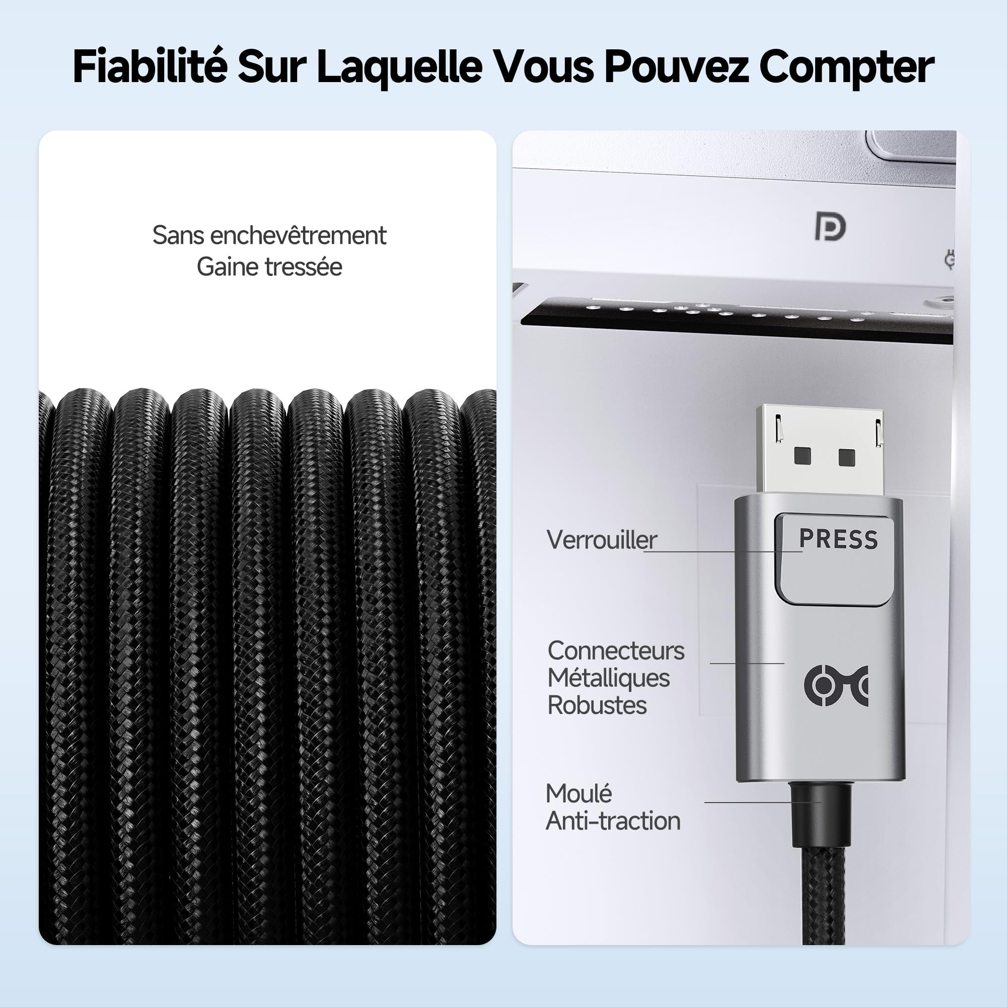 Cable Matters câble USB-C DisplayPort 2.1 bidirectionnel 1,8 m, DP40 (UHBR10) 40Gbps, 8K@120Hz 4K@480Hz, câble USB C vers DisplayPort, sans Power Delivery