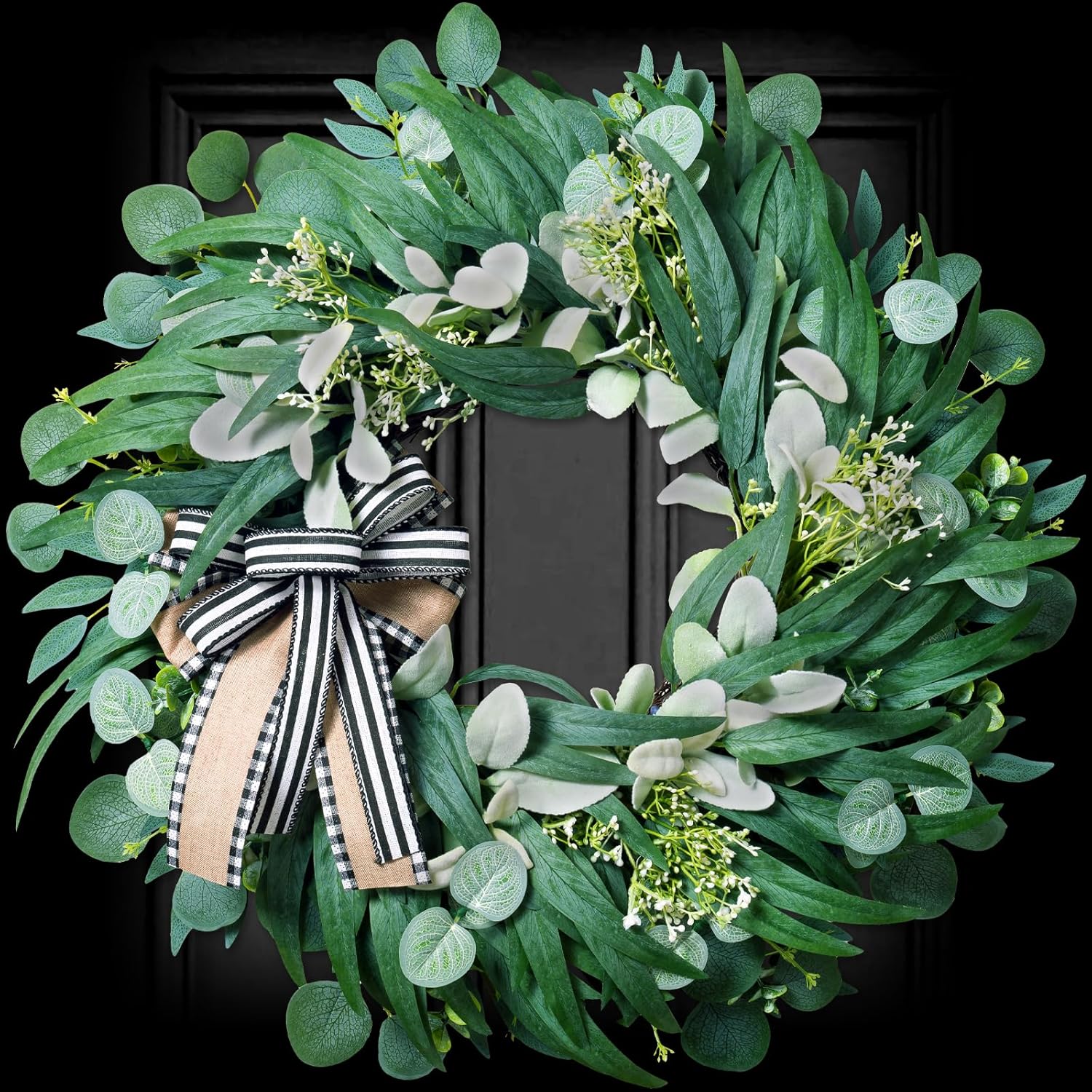 26 Inch Large Wreaths for Front Door, Spring Summer Silk Eucalyptus Wreath for Farmhouse Wall Porch Indoor Outdoor, Handmade Year Round Home Decor with Lambs Ear Willow Leaves Bow