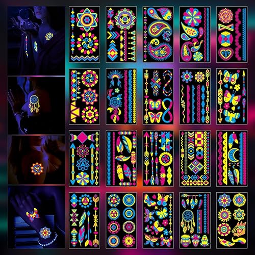 Heliltd 20 hojas de tatuajes temporales de neón que brillan en la oscuridad, tatuajes temporales fluorescentes UV, neón, falsos, impermeables, disponible en Yaxa Venezuela